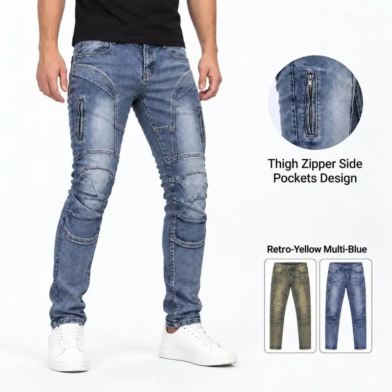 Men's Mid-Stretch Slim-Fit Casual Biker Denim Jeans - Premium Anti-Tear Reinforced Plain, Below the Ankle Bootcut, Menswear Denim Fabric Jeans for Streetwear