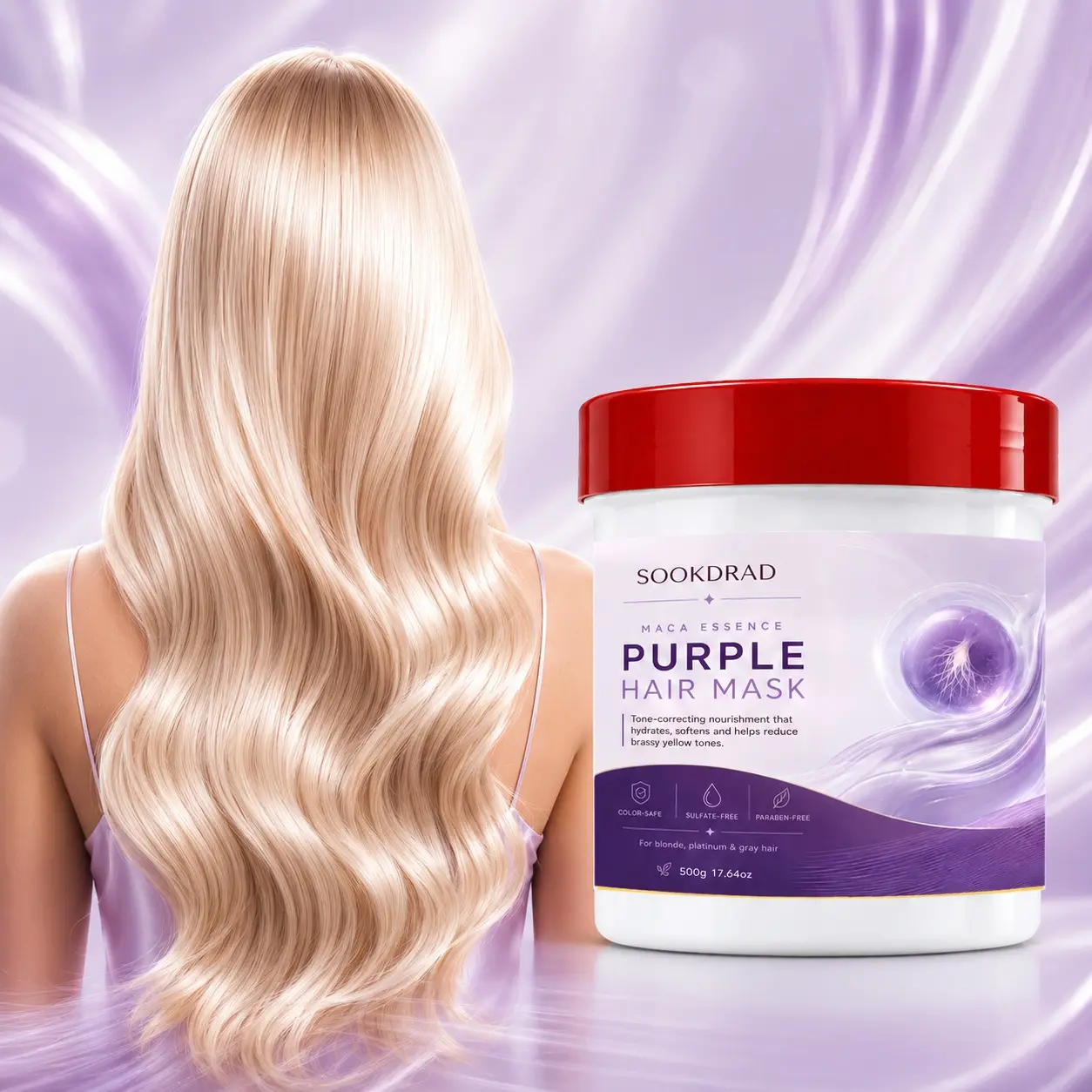 purple hair mask, contains maca essence, tone correcting, hydrating, softening, reduces brassy yellow tones, for blonde hair, platinum hair, gray hair, color-safe, sulfate-free, paraben-free, 500g