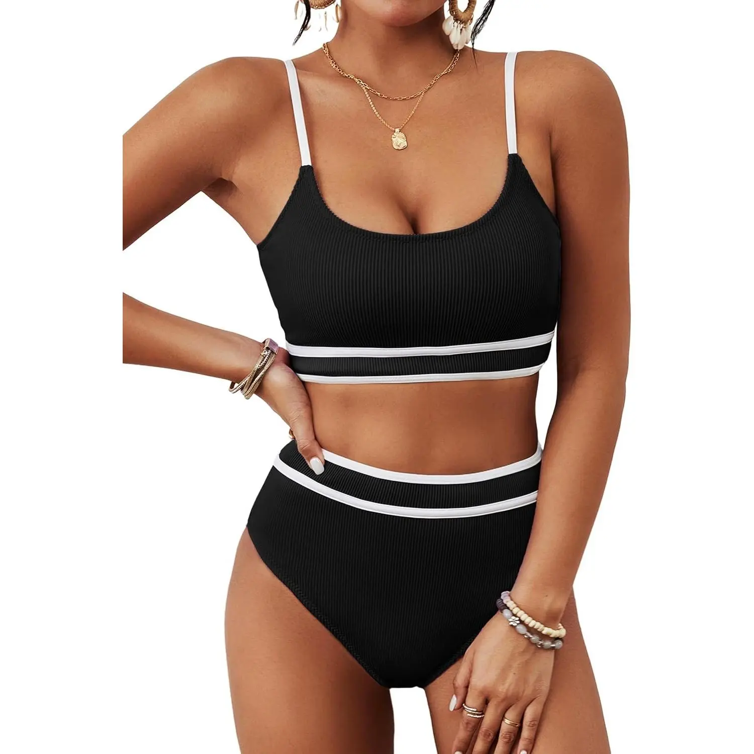 Women's High Waisted Bikini Ribbed Two Piece Swimsuit High Cut Color Block Adjustable Straps Bathing Suit