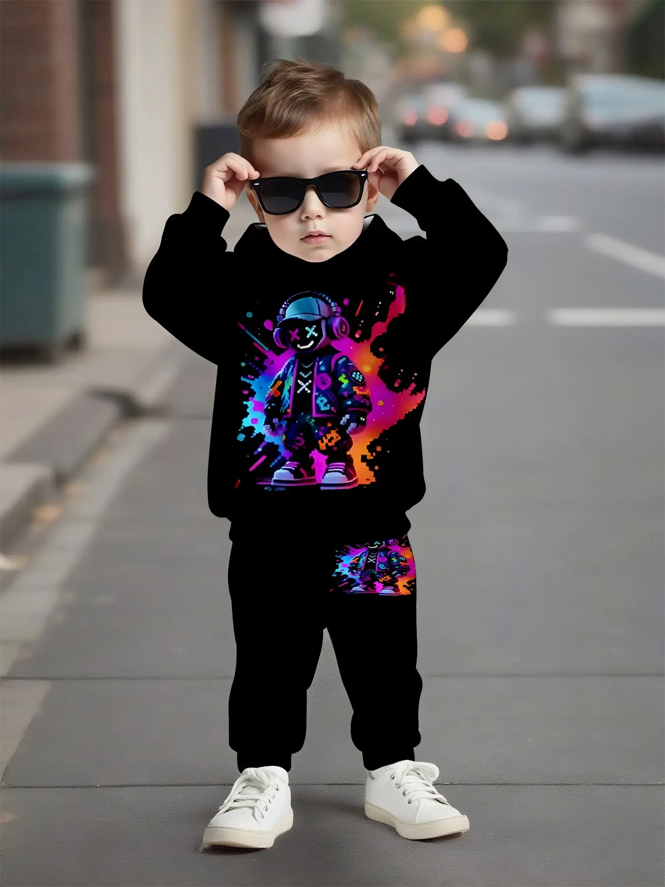 Colorful Splatter Dj Bear Print Kids Sweatshirt Set, Boys' Trendy Two-Piece, Casual Long Sleeve Loose-Fit Sweapants for Fall & Winter