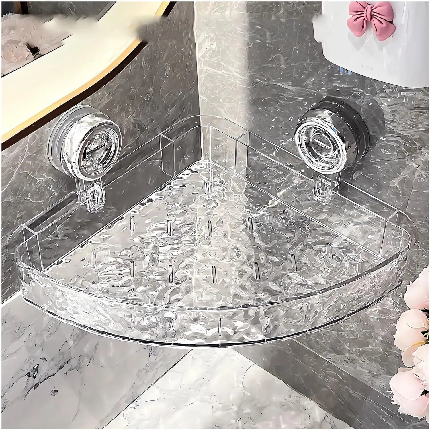 Corrugated Suction Cup Storage Holder Corner Shower Caddy Large Organizer Bathroom Shelf Clear Acrylic Shower Tray Shelves Inside Floating Shower Wall Shelf Bath Basket Rack Heavy Duty (Corner-Clear)