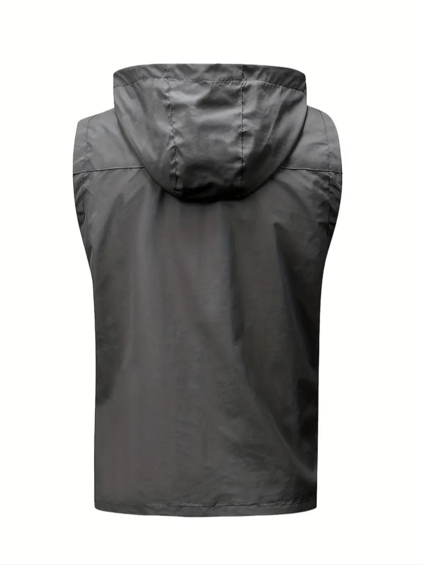 Men's Letter Graphic Embroidery Drawstring Zip Up Vest Zipper Hooded Vest Jacket, Regular Fit Casual Pocket Sleeveless Outerwear for Fall & Winter, Men's Clothes for Outdoor Activities