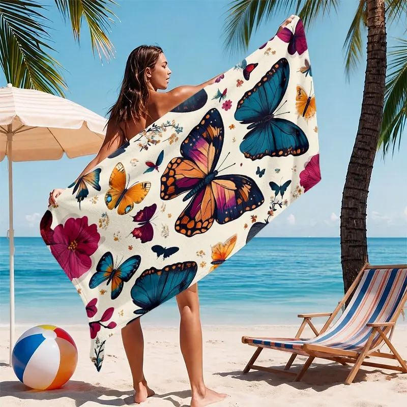 Butterfly Floral Art Beach Towel, Colorful Butterfly & Plant Garden Design, Soft Comfortable, Reusable, Ideal for Beach, Pool, Travel, Outdoor Activities