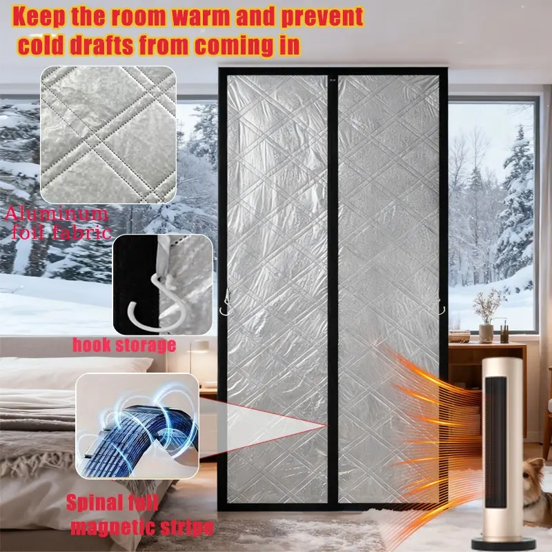 Aluminum Foil Insulated Magnetic Door Curtain, Full Magnetic Strip Auto Seal, Block Cold Wind, Cold Drafts, Energy Saving Door Drape for Home Balcony