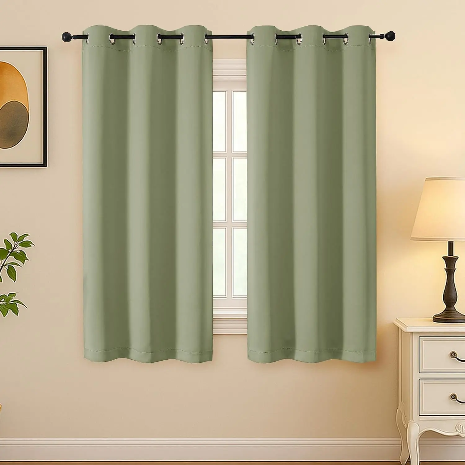 Sage Green Room Darkening Curtains for Bedroom 63 Inch Length 2 Panels Set, Thermal Insulated Energy Saving Curtains for Kids Room, Grommet Solid Nursery Window Treatment Drapes, W40 x L63