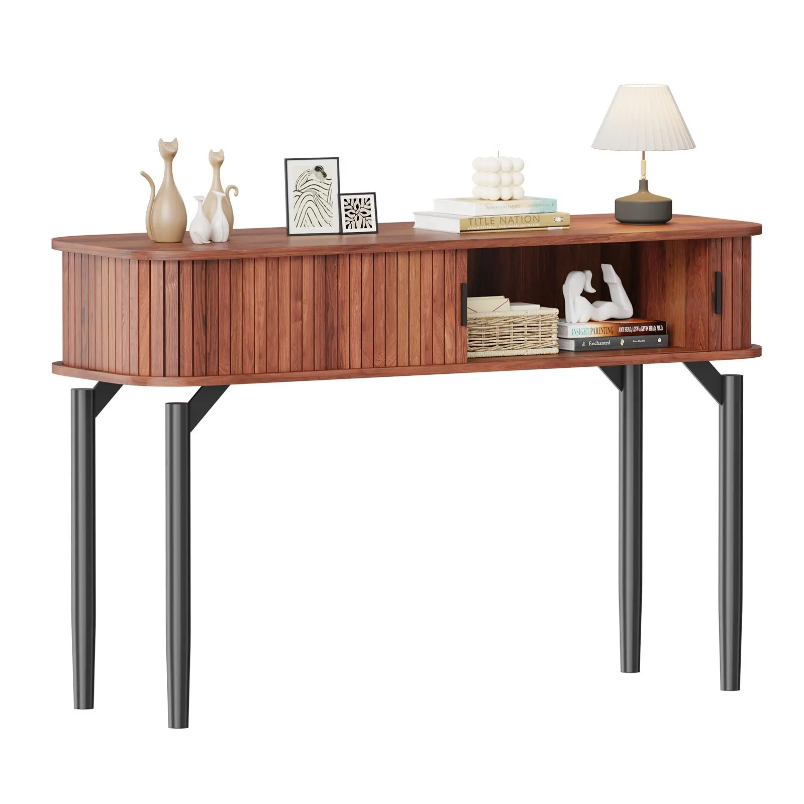 Modern Fluted Console Table with Sliding Door, Entryway Sofa Table with Storage Space, Wooden Entry Table for Hallway, Living Room