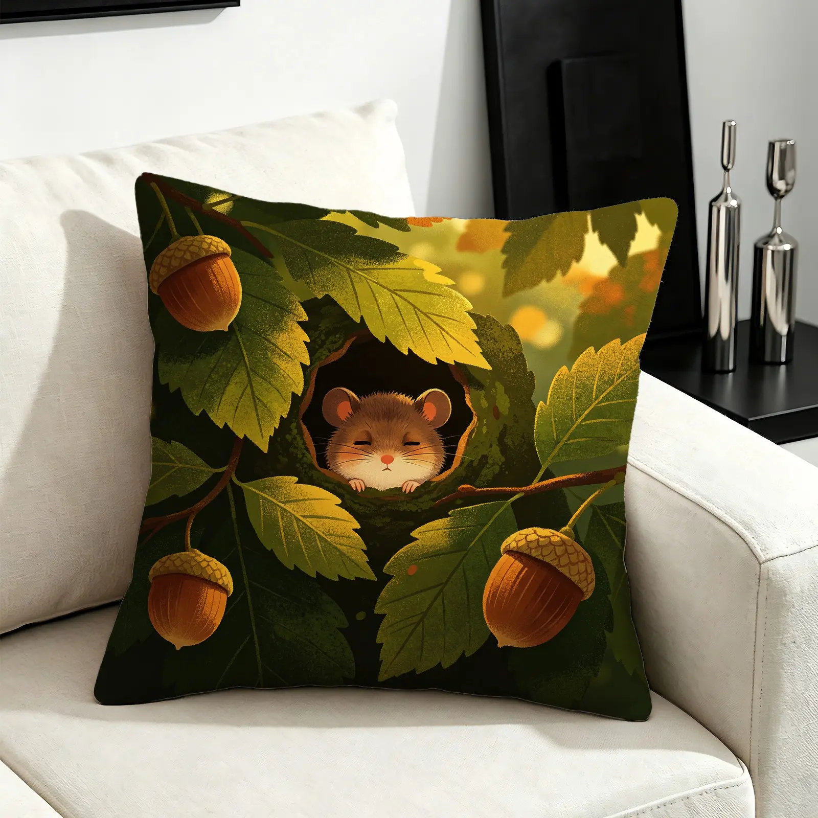 Woodland Hamster Acorn Print Square Throw Pillow 45×45cm with Insert, Waist Support Cushion for Sofa Bay Window Cafe, Perfect Gift