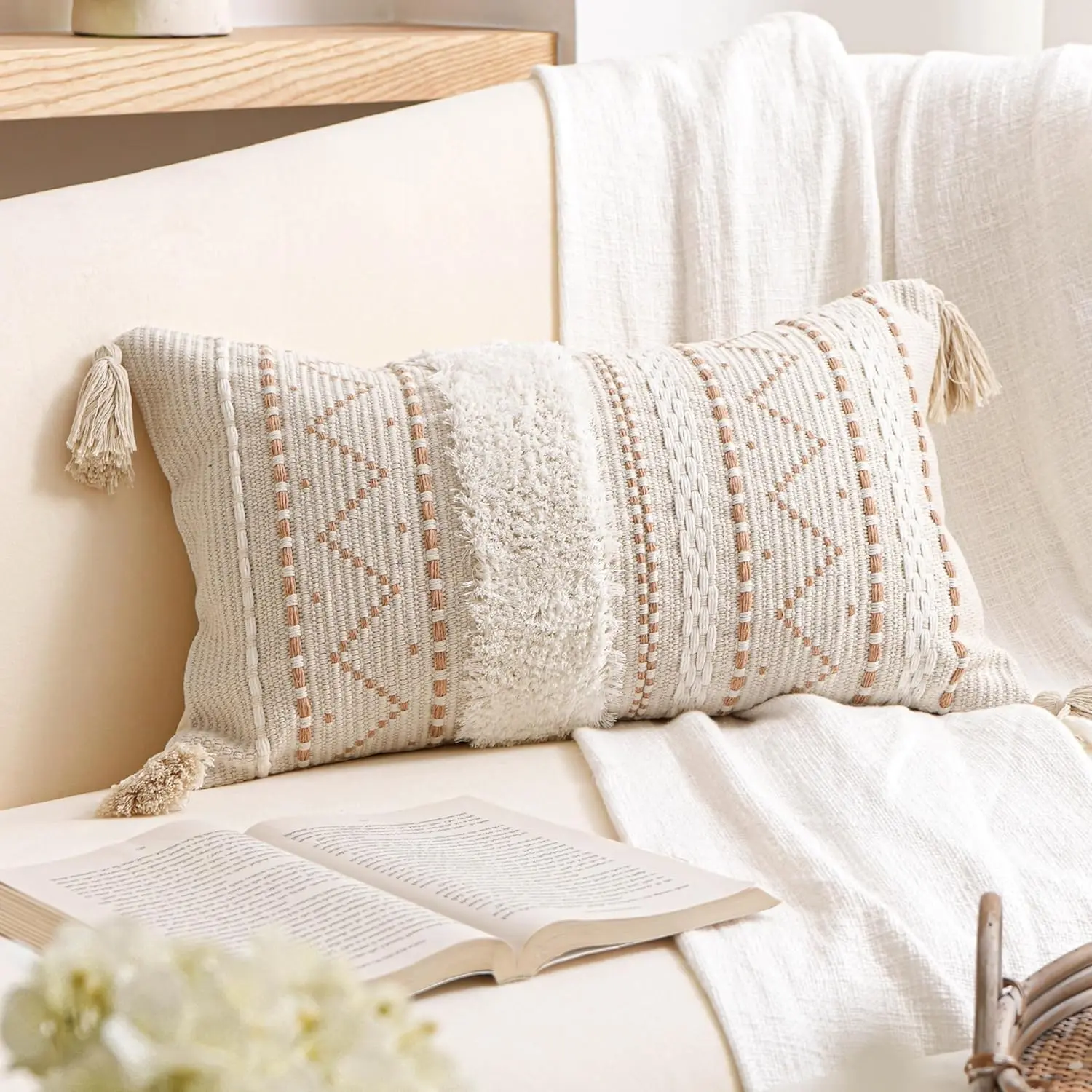 12x20 Lumbar Pillow Cover, Cream Neutral Beige Rectangular Decorative Cushion Cover, Boho Accent Pillowcase with Tufted Details and Tassels for Couch Sofa Living Room (Cover Only)