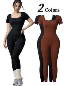 Women's Fashion Versatile Yoga Jumpsuit, Yoga Workout Jumpsuits, Sporty Fitness Short Sleeve Onesie, Large Collar Slim Fit, Indoor Outdoor Wear, High Elasticity Jumpsuit, All Seasons