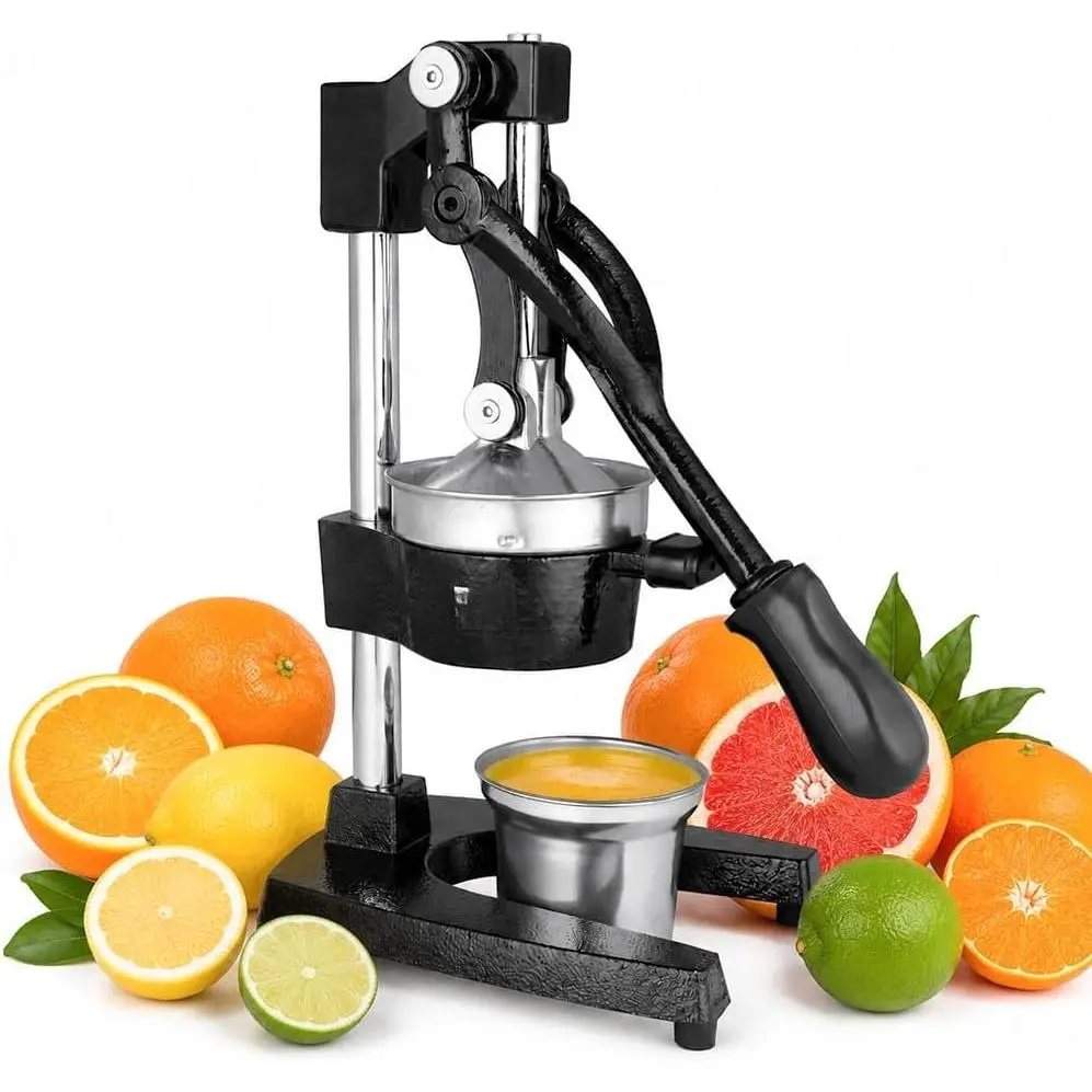 Cast Iron Juicer – Heavy Duty Manual Citrus Press | Hand Juicer Squeezer for Orange, , Lime, Grapefruit & Pomegranate | Countertop Juice Press with Stainless Steel Cup & Removable Strainer, Black