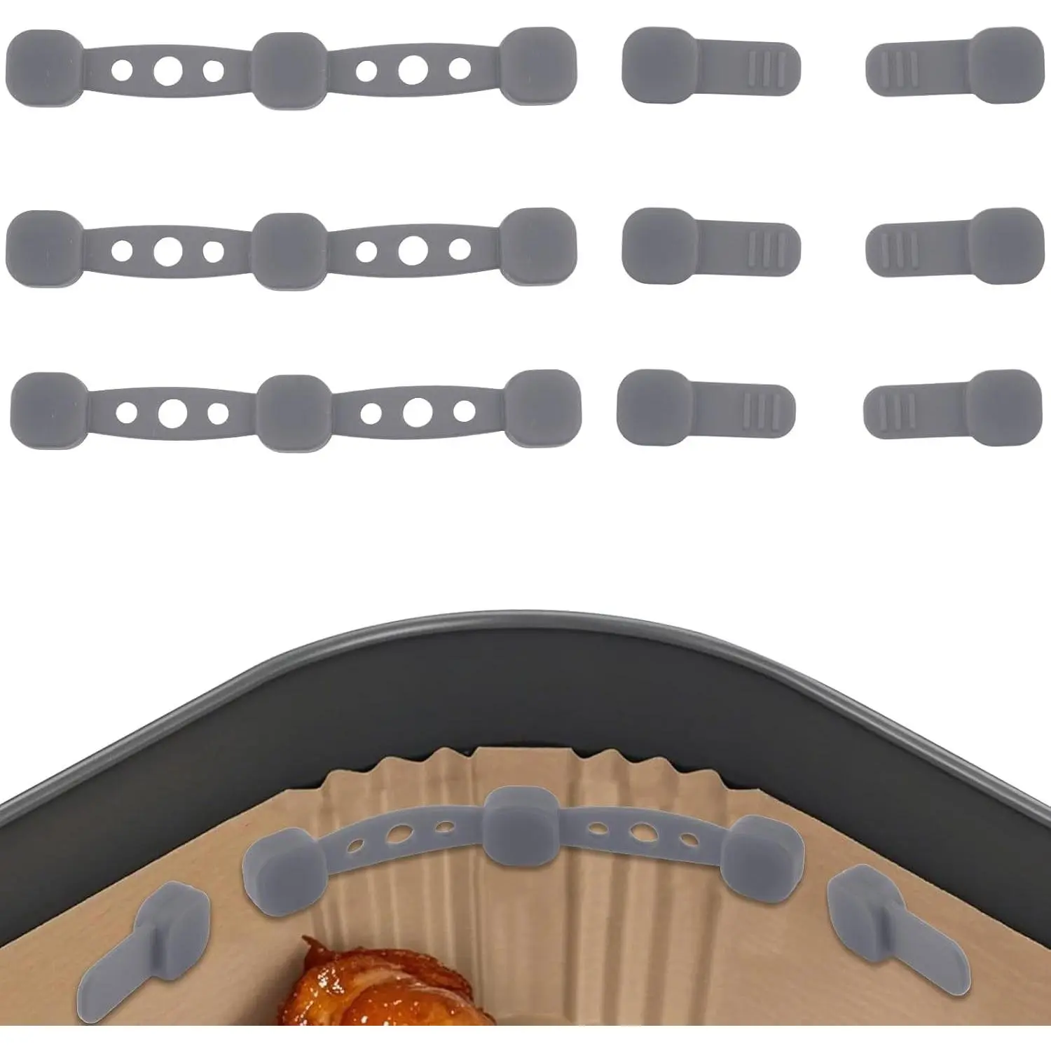 3 Sets Air Fryer Magnets for Parchment Paper Liners, Silicone Buckles Magnetic Holders Heat-Resistant Air Fryer Parts Accessories for Iron Baskets Secure Hold Prevent Burning & Uneven Cooking (Gray)