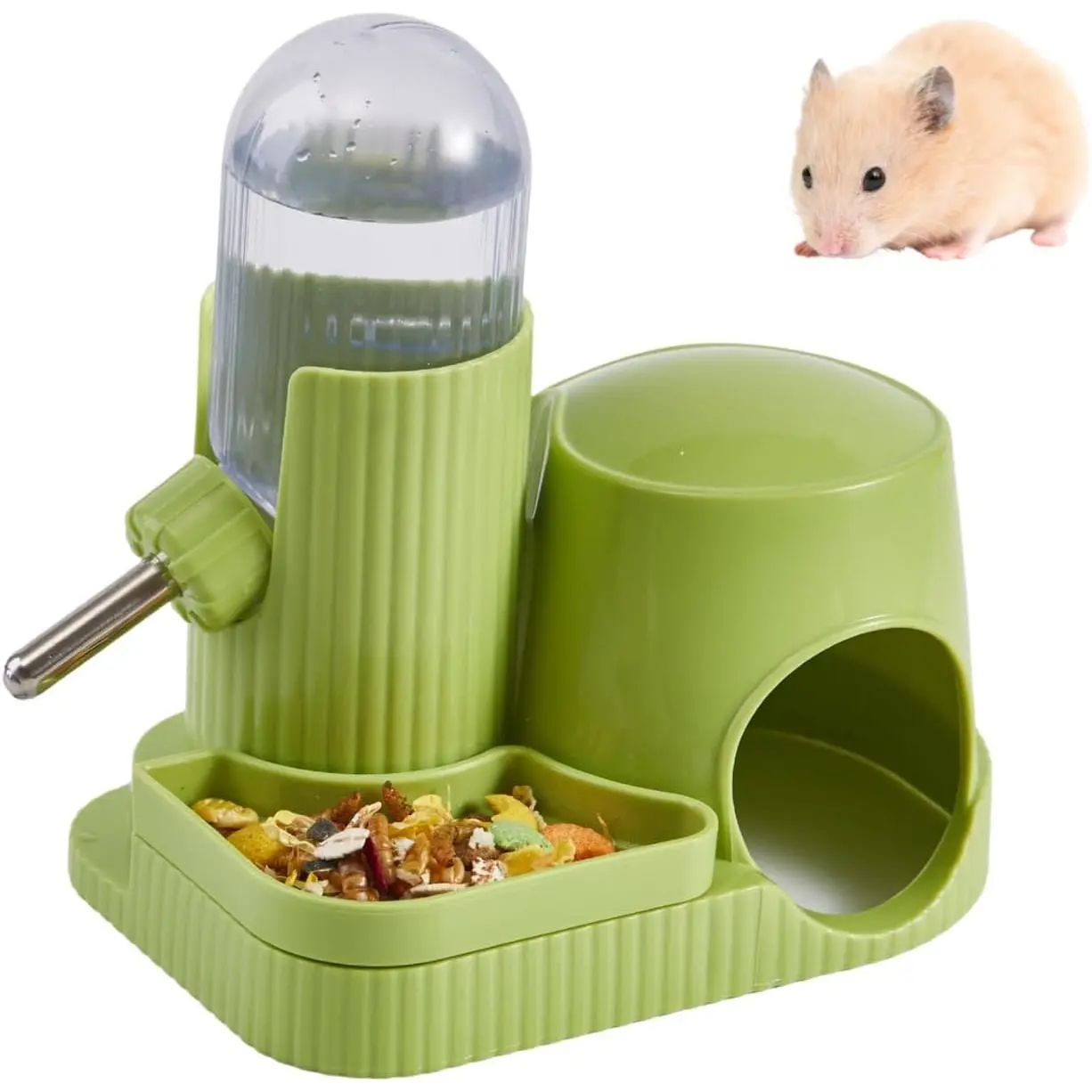 3 in 1 Hamster Water Bottle No Drip Automatic Leakproof Dispenser with  Container and Hideout Base for Gerbil Rat  Hamster  (Green, 3.4oz)