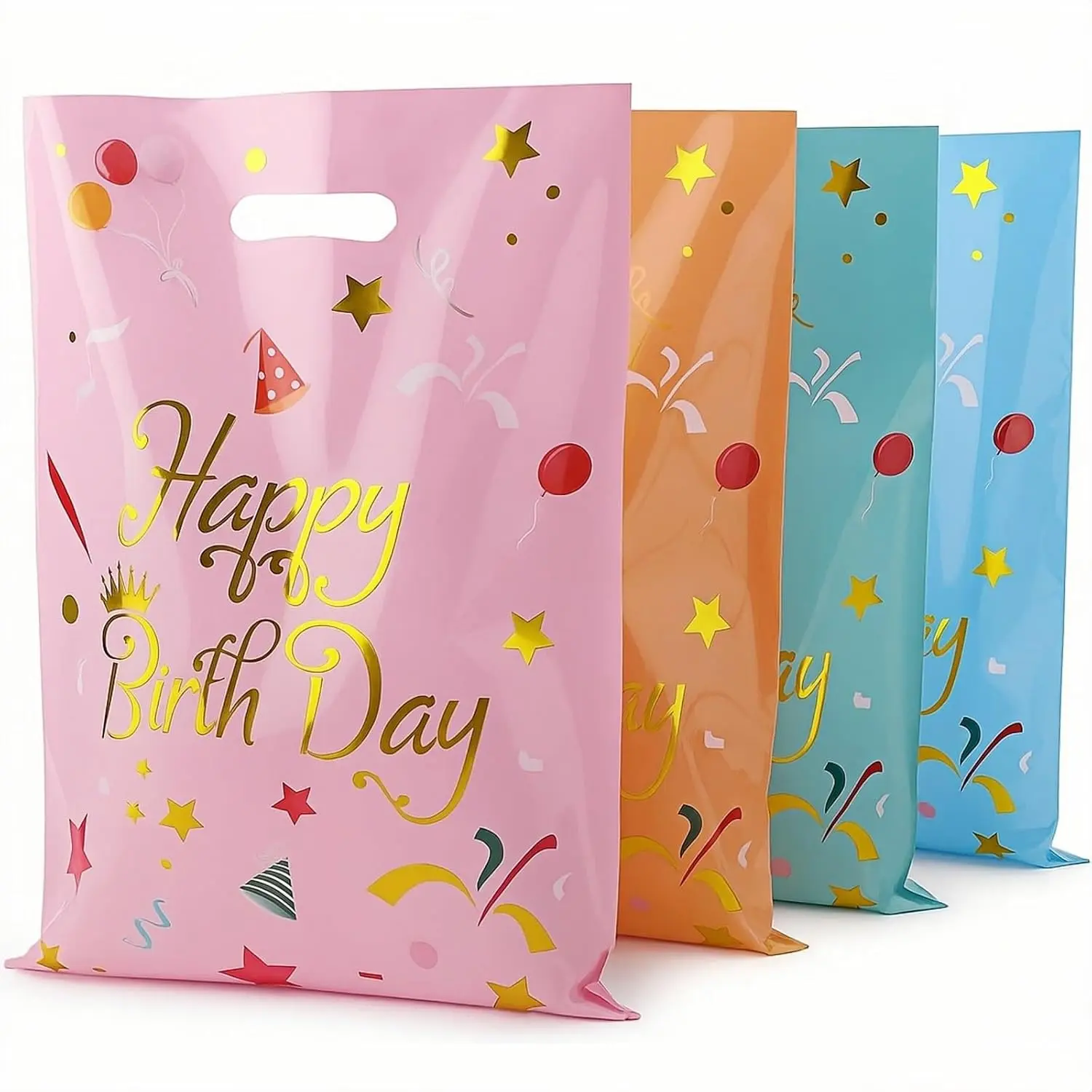 Party Favor Bags 40 Pack,  Plastic Goodie Bags, 9.8 x 6.3 Inch Small  Bags with Cut-Out Handles in 4  Colors for Birthday, , Candy and Celebrations