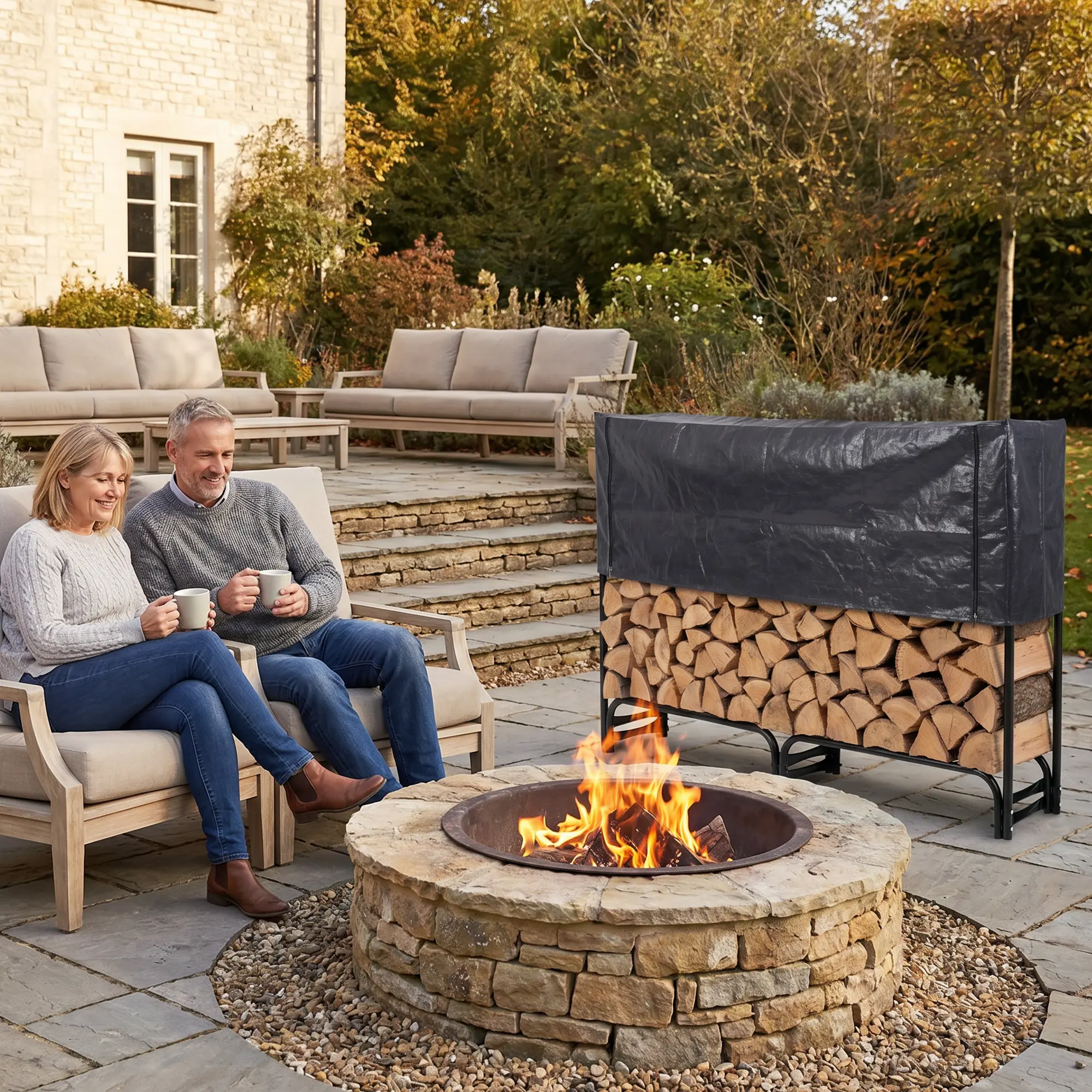 Outdoor Firewood Rack with Waterproof Cover – Heavy Duty Metal Log Holder, Large Wood Storage Rack for Fireplace, Patio, Backyard & Camping, Easy Assembly