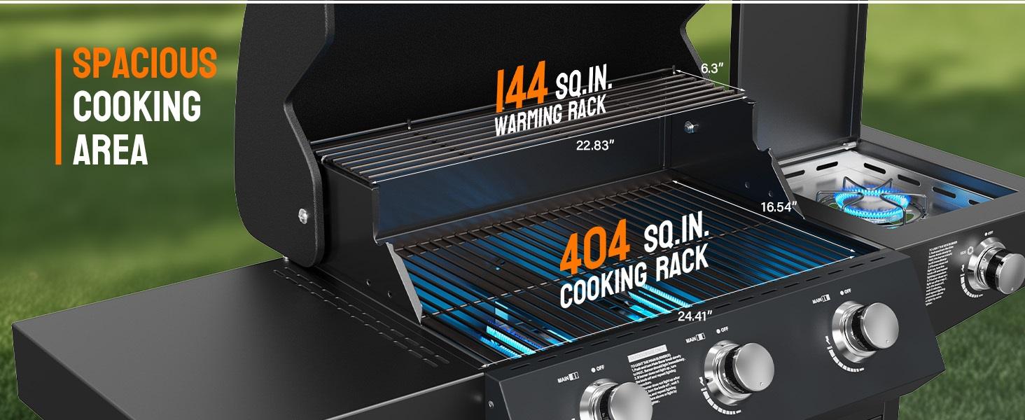 ROVSUN 3 Burner Propane Gas Grill with Side Burner, 46,000BTU BBQ Grills with Enameled Cast Iron Grates, Shelf & Cabinet for Outdoor Garden Patio Backyard Barbecue Cooking