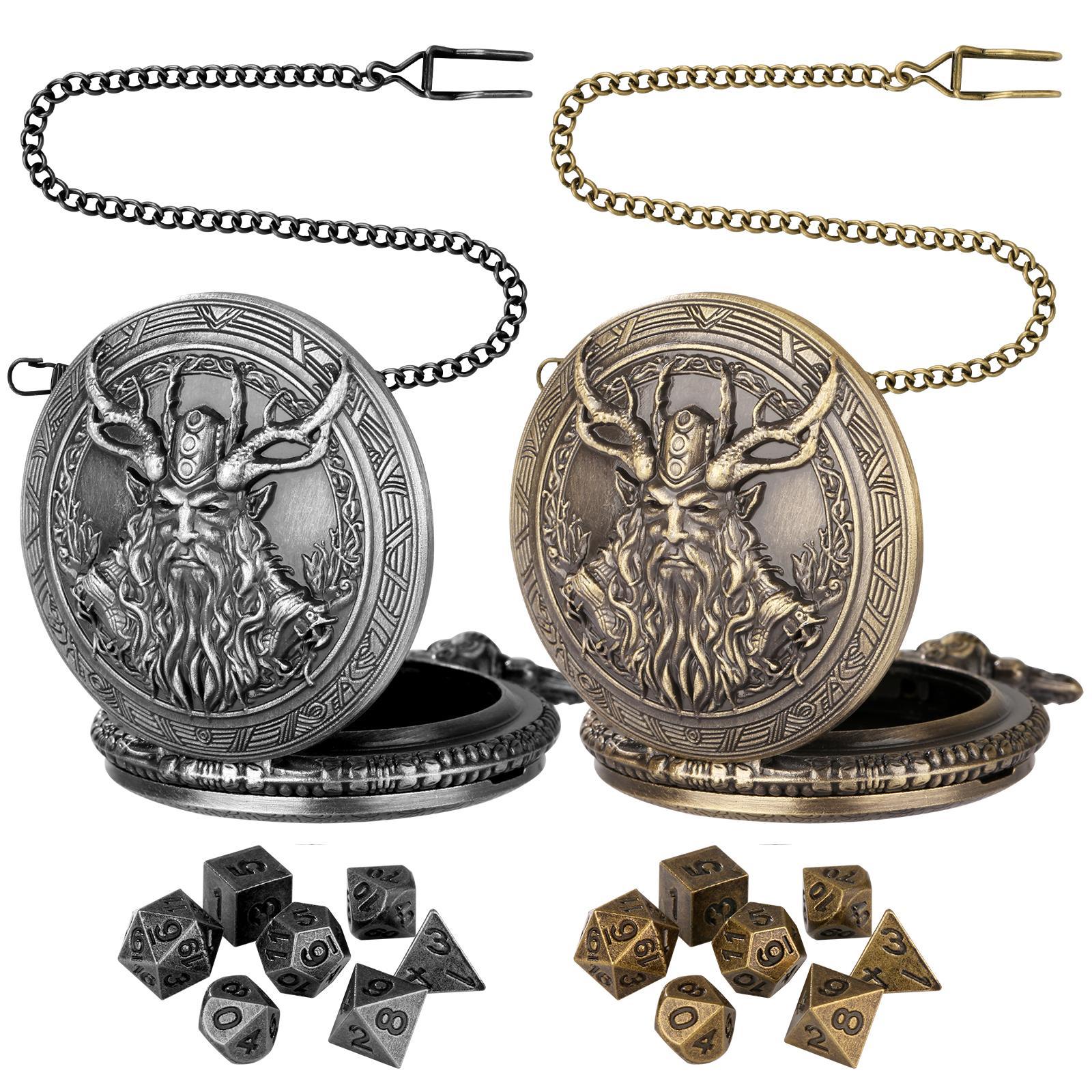 Druid Half Orc Design Pocket Watch Gift Box Set, 1 Set Vintage Pocket Watch with 1 Count Chain & 7 Counts Dice, Role Playing Game Dice Props