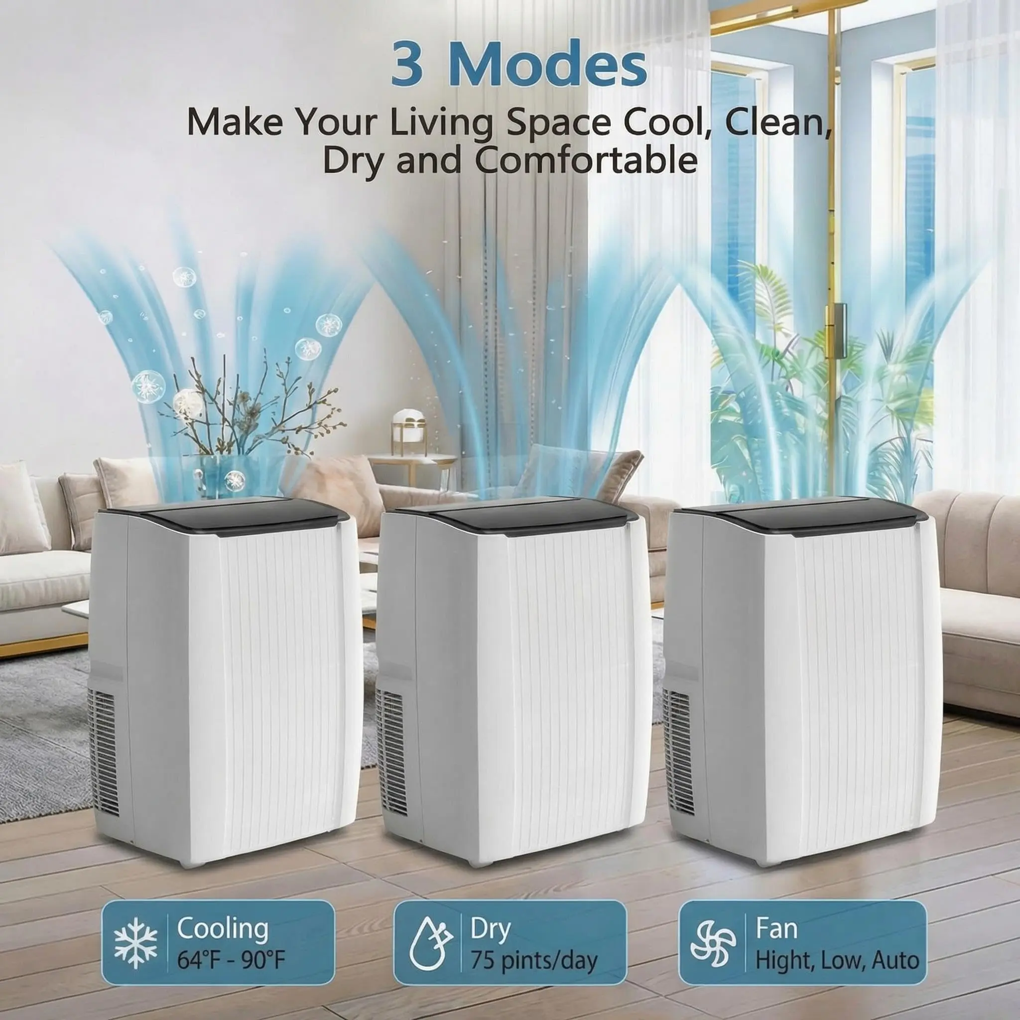 12000 BTU 3-in-1 Portable Air Conditioner with Dehumidifier, Silent Mode, Space-Saving Windowless Unit, Energy-Saving Cooling for Bedroom Home Office (Up to 550 Sq.Ft) with Remote
