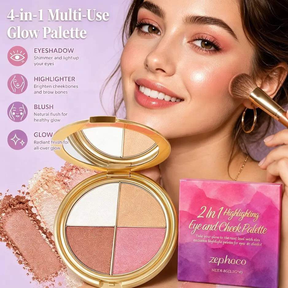 Zephoco highlighter, eyeshadow, and blush palette – an all-in-one shadow and highlight glow palette, finely textured, long-lasting, and vibrant, naturally brightening your eye makeup, perfect for various looks, Cosmetics Products