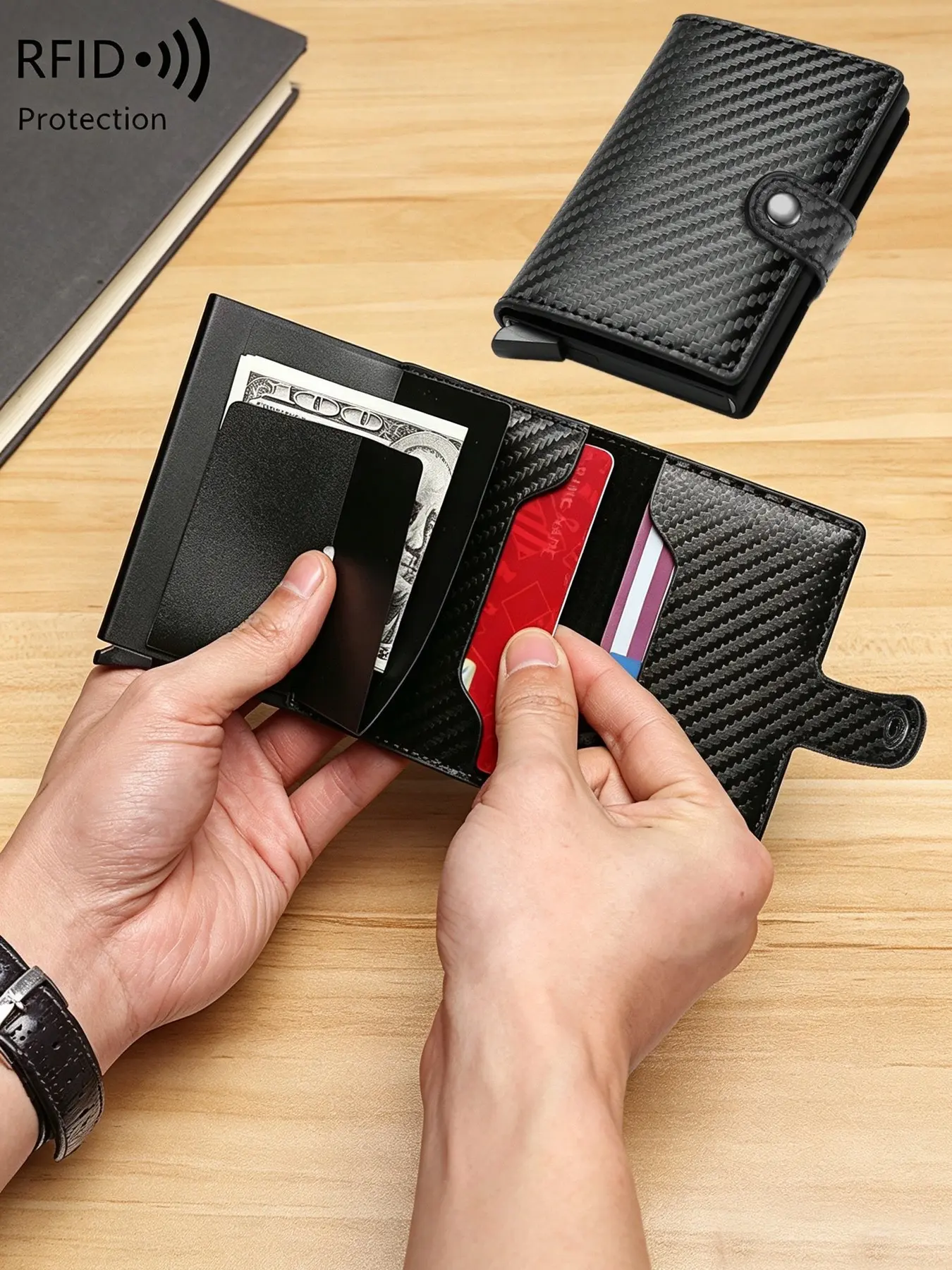 Pop Up Wallet for Men | RFID Blocking Slim Metal Card Holder | 4–6 Card Ejector Wallet | Cash & ID Storage | Carbon Fiber Black Red