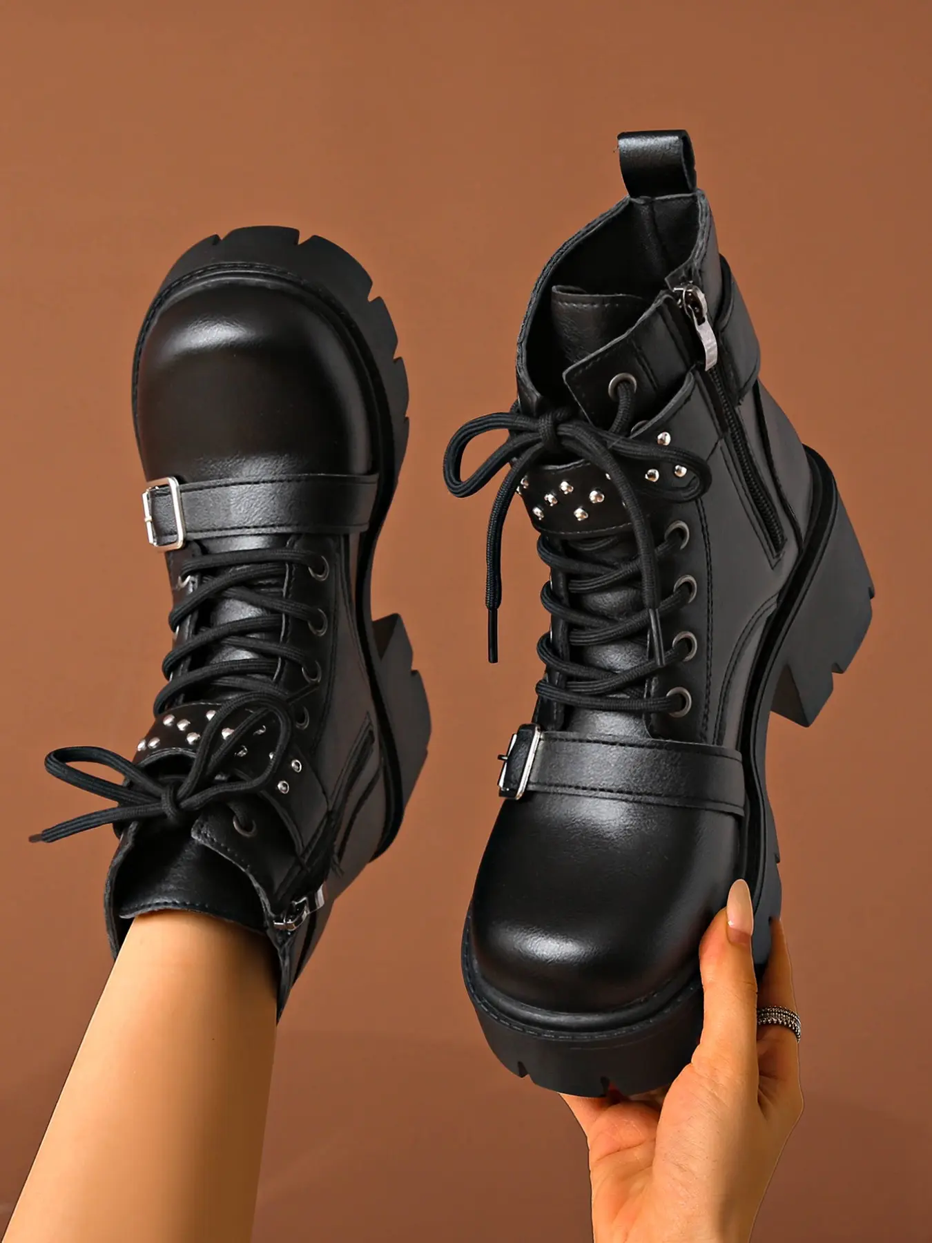 New Women's Chunky Heel Short Boot, Rivet Strap Boot, Side Zip Work Boot, Casual Street Style, Outdoor Wear, Music Festival Fashion