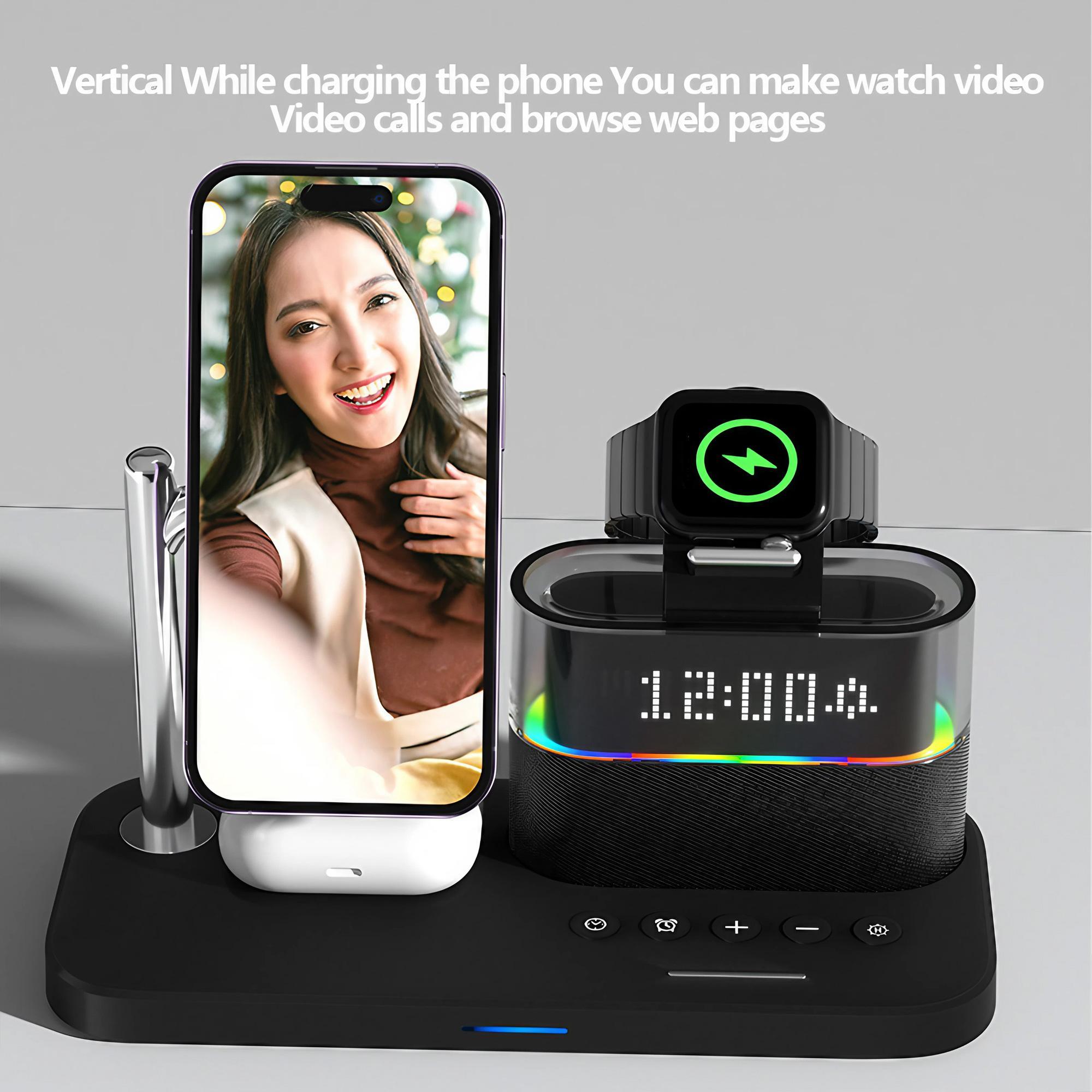 5-in-1 Wireless Charger with Clock, Magnetic Wireless Charger Stand for iPhone, Apple Watch, Airpods, Smart Watch Accessories, Magsafe Charger Set, Black Charging Station, for Smartphone, Magnetic Charging Design, Charging Dock