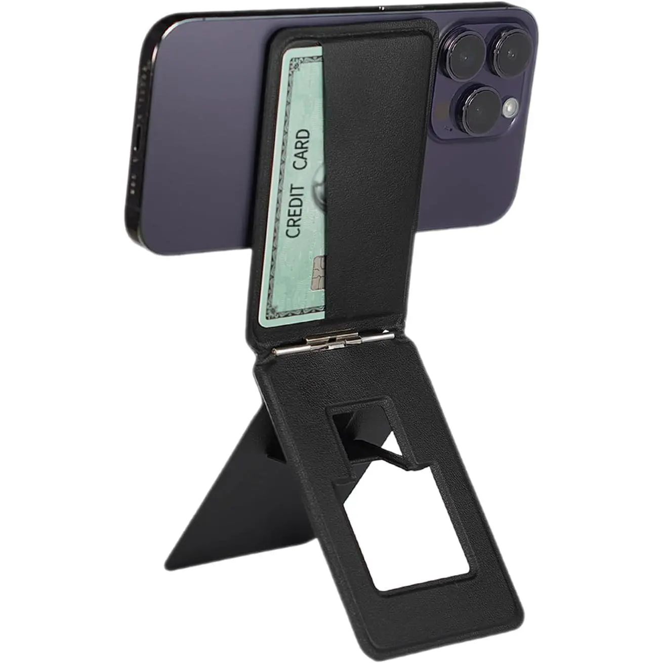 Wallet Phone Stand, 3-in-1 Card Holder with Phone Tripod & Selfie Stick, MagSafe Compatible for i-Series 16/15/14/13, Metal Ring for Android  Fit,  PU Leather, Black