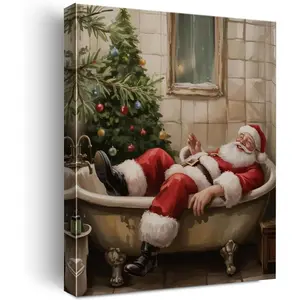 Vintage Santa Christmas Bathroom Wall Art Funny Santa in Bathtub Print Whimsical Christmas Bathroom Pictures Wall Decor Canvas Poster Xmas Toilet Decoration Artwork Gift, Framed 8x10 Inch