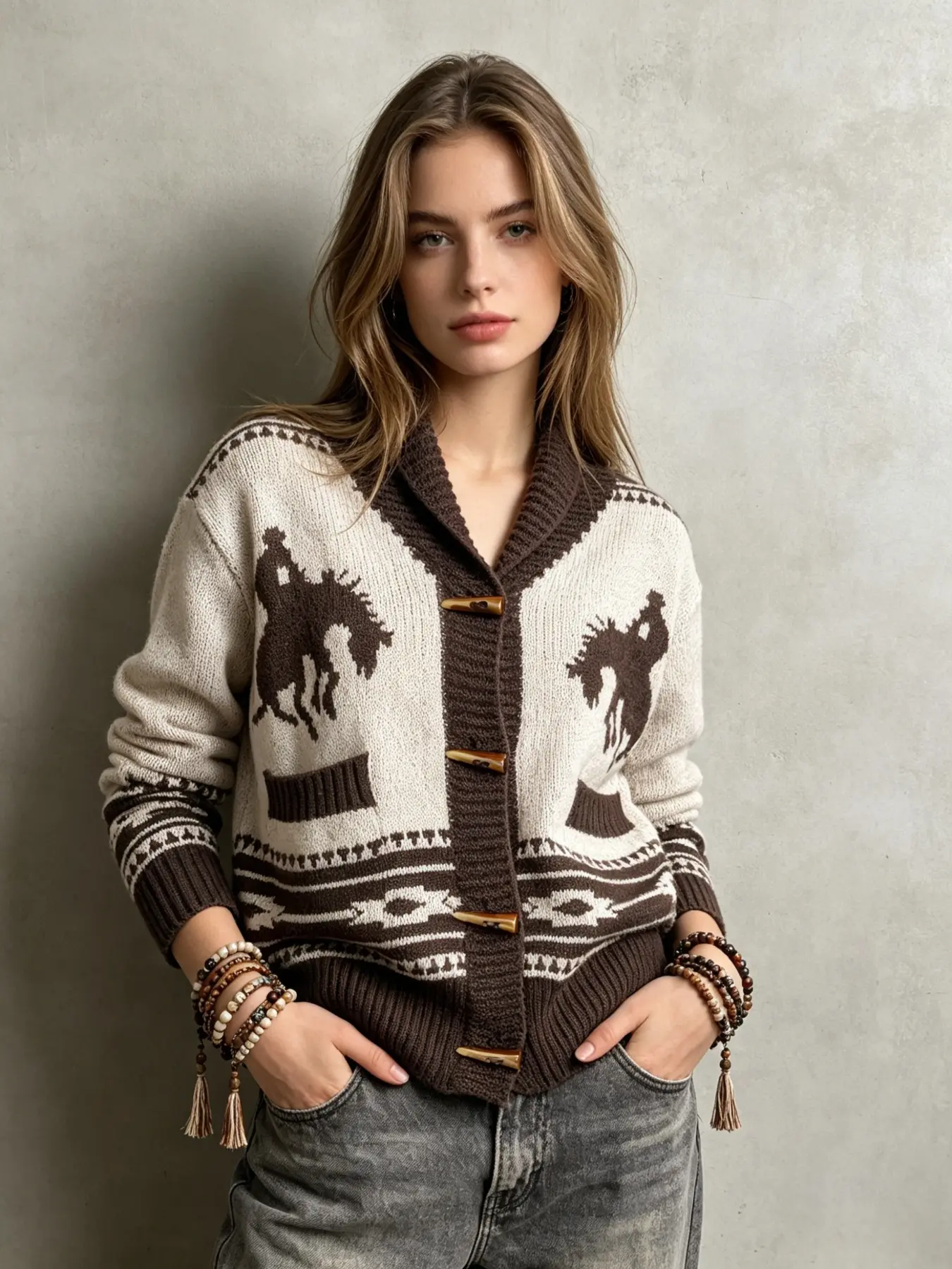 Women's Fashion Boho Ethnic Style Knit Sweater Coat, Loose-Fitting Warm Outerwear with Large Collar and Horn Buckle, Comfortable and Cozy