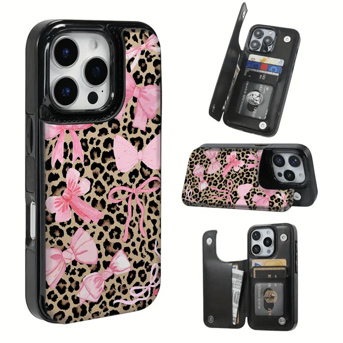 Pink bow-themed leather multifunctional phone case, with built-in card slot design, can hold bank cards, transportation cards, etc., suitable for iPhone 16 Pro Max, iPhone 17/Air/16/15/14/13/12 Pro/11/XS Plus Max