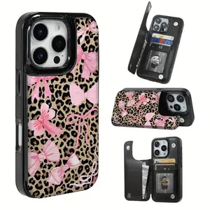 Pink bow-themed leather multifunctional phone case, with built-in card slot design, can hold bank cards, transportation cards, etc., suitable for iPhone 16 Pro Max, iPhone 17/Air/16/15/14/13/12 Pro/11/XS Plus Max