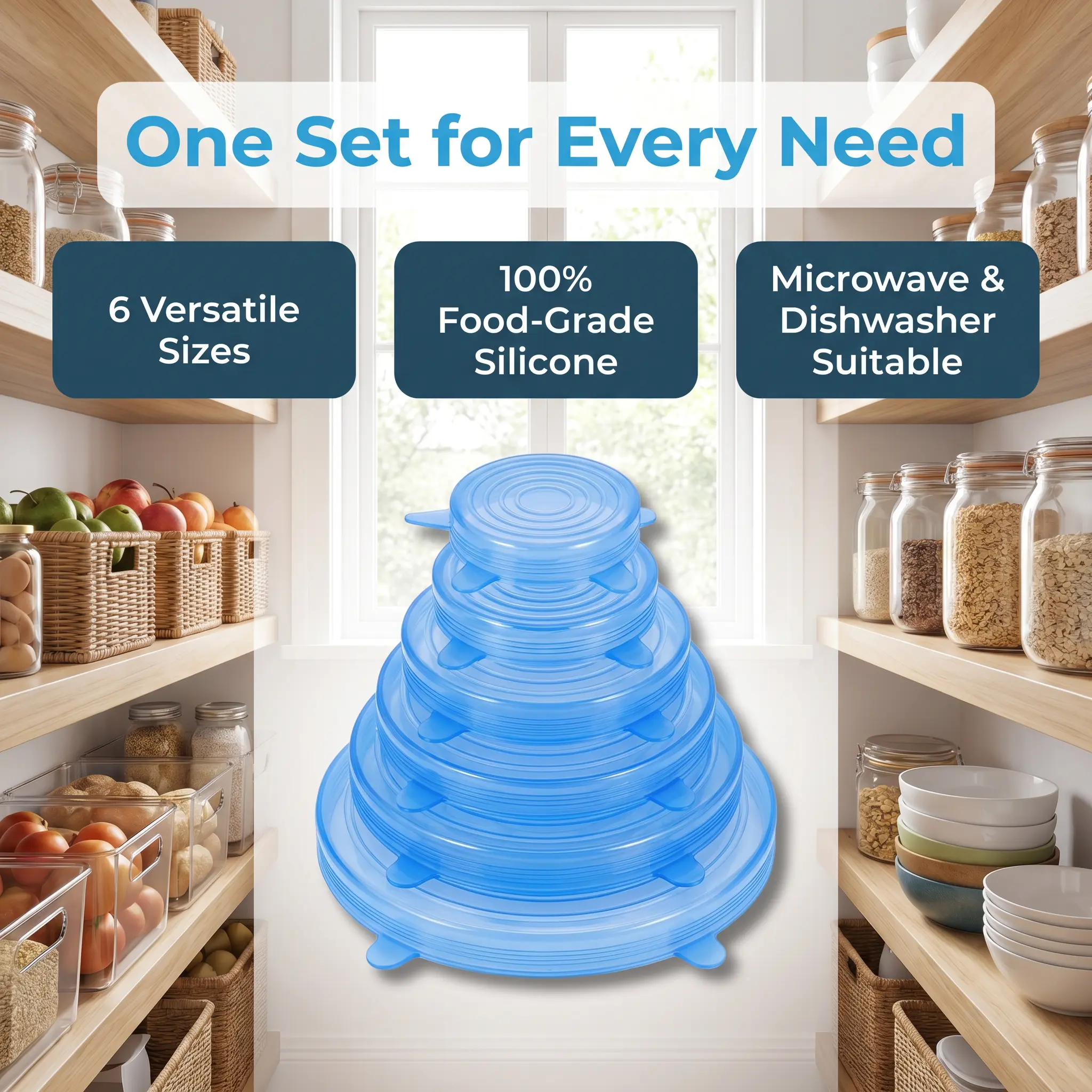 6 Pack Blue Silicone Stretch Lids Set, Reusable Elastic Food Storage Covers, Universal Seal Lids for Bowls Containers, Kitchen & Camping Essentials Gear