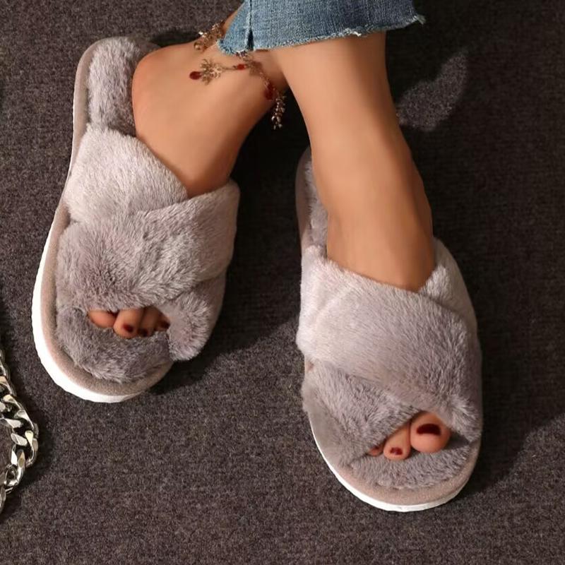 Autumn Winter Fluffy Fur Slippers Women Lightweight Cross Band Plush Slides Woman 2026 Open Toe Flats Fuzzy Home Slippers Female