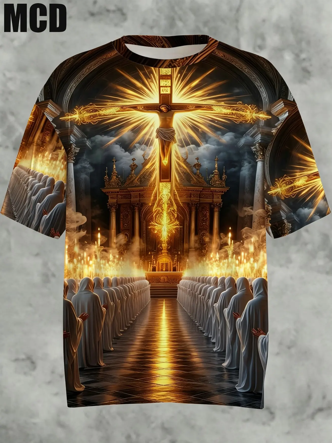 Mcd Vintage Cathedral 3D Print T-Shirt, Unisex Christian Graphic Tee, Loose-Fit Short Sleeve Top, All Seasons Wear, Men & Women
