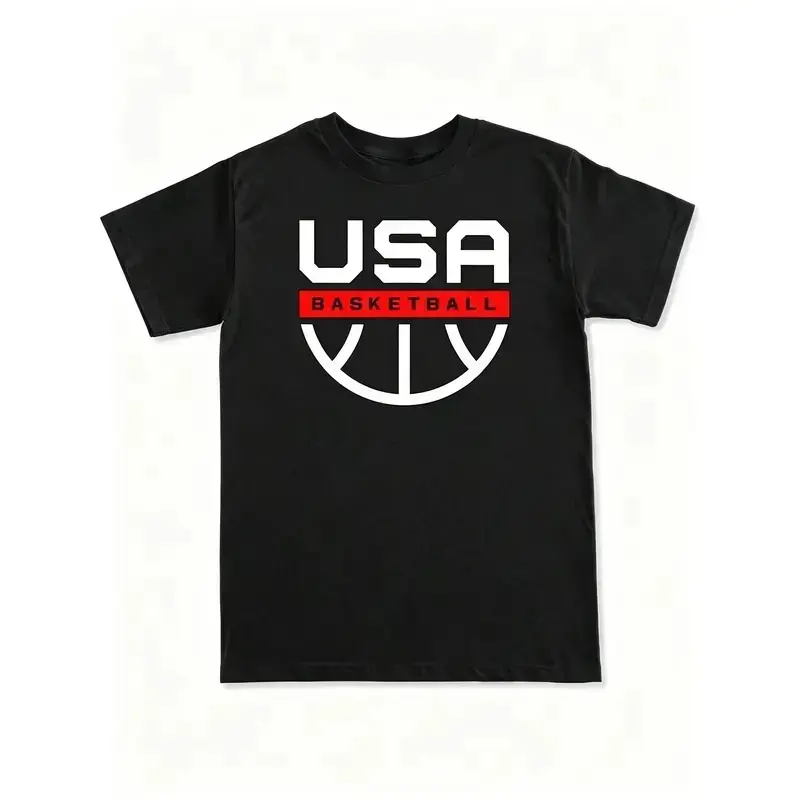 Men's USA Basketball Graphic Crew Neck T-Shirt - Black With Red & White Print, Soft Breathable Fabric, Regular Fit Short Sleeve Tee For Casual Wear