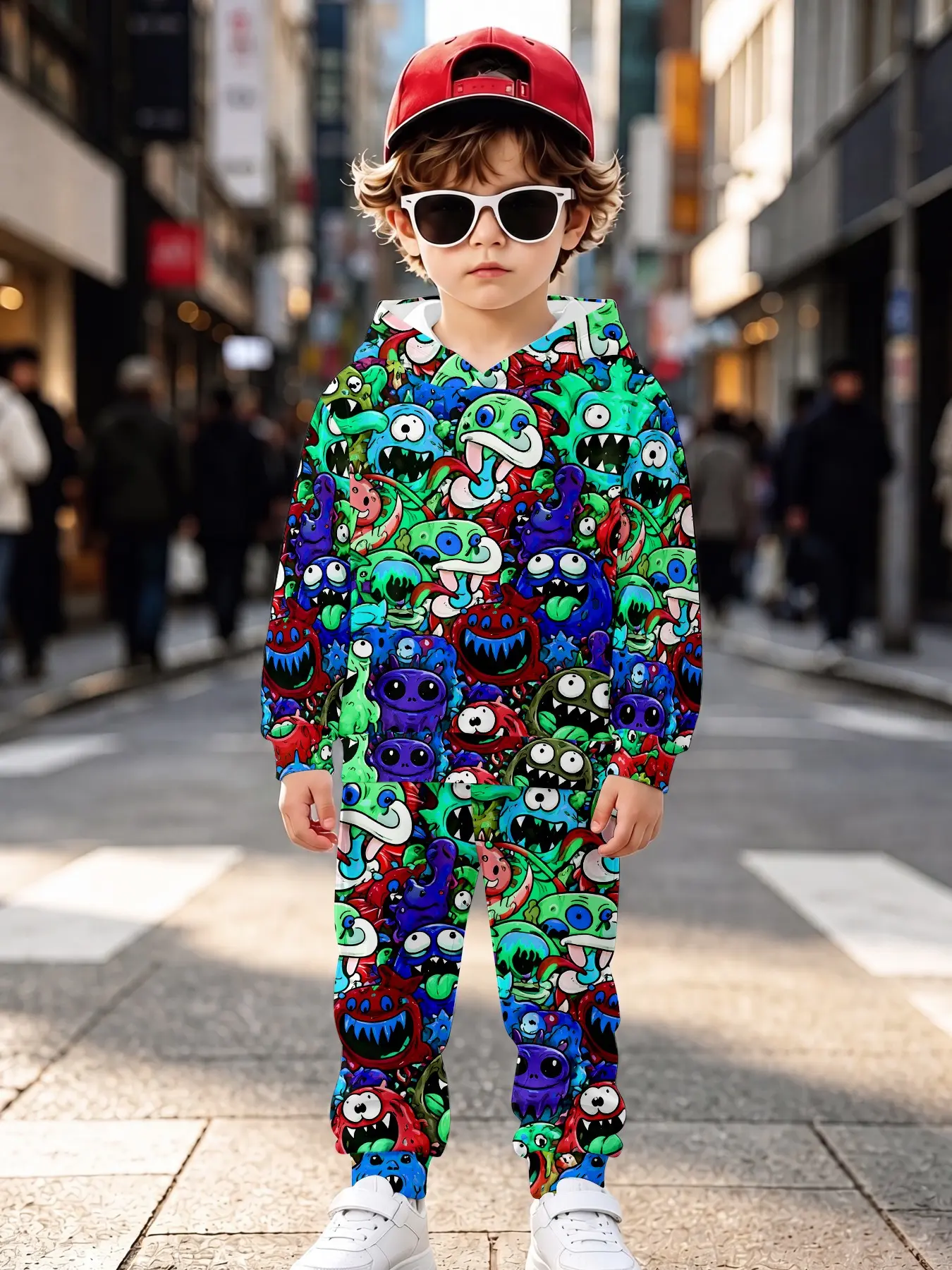 Multicolor Contrast Kids Long Sleeve Sweatpants Set, Casual Loose-Fit H-Type, Fall & Winter Wear, Natural Waist, All over Print