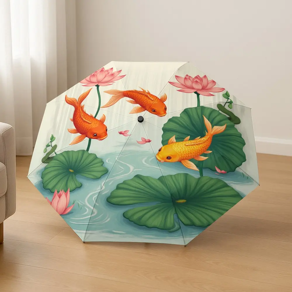1pc Koi Lotus Pond Decorative Umbrella, Automatic Folding, Lightweight Portable, 8-Rib Frame, Ideal for Halloween & Christmas Gifts