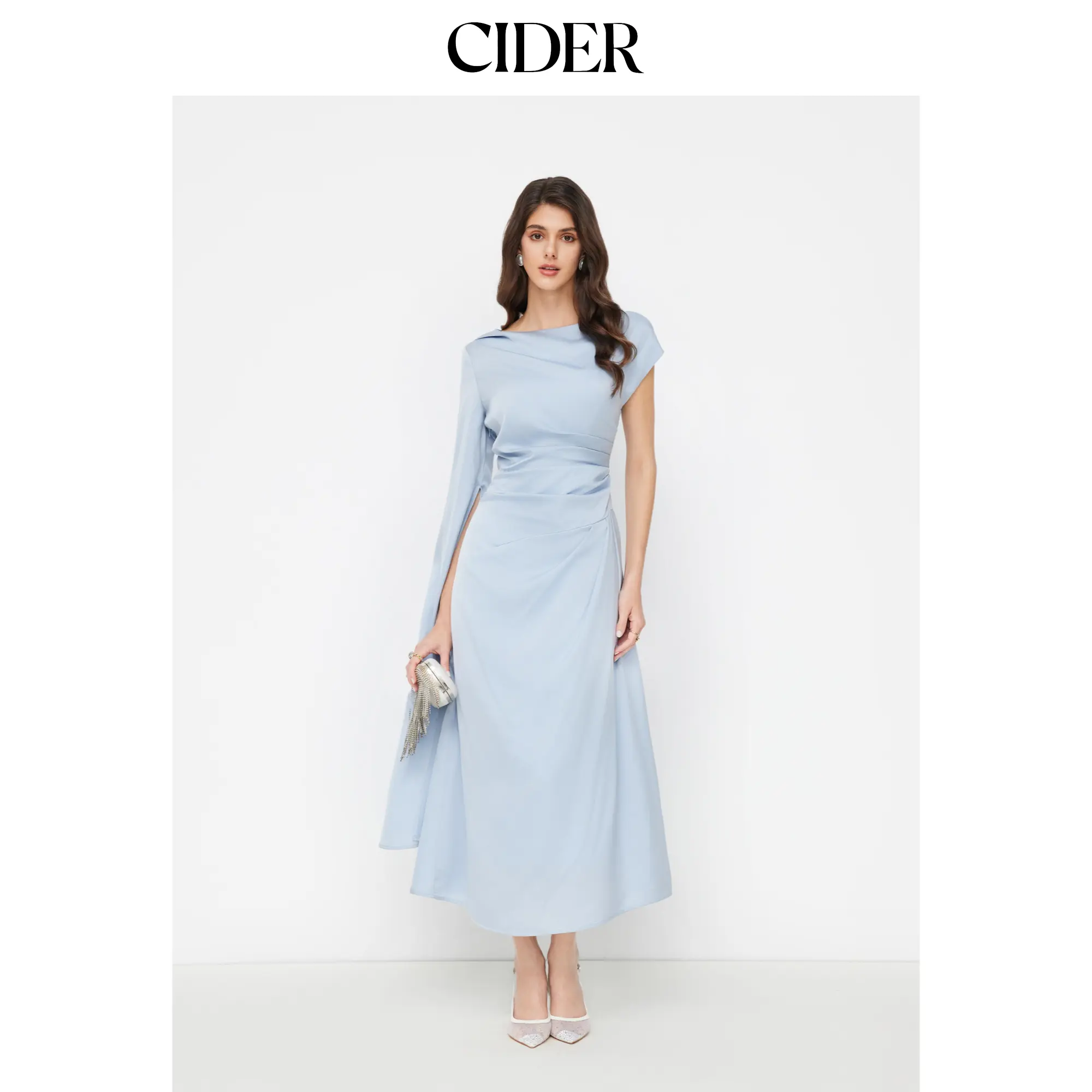 Cider Women's Satin Boat Neck Pleated Asymmetrical-Sleeve Maxi Dress
