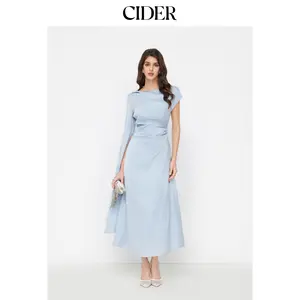 Cider Women's Satin Boat Neck Pleated Asymmetrical-Sleeve Maxi Dress