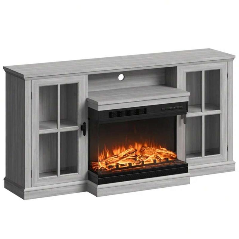 Modern 3-Sided Glass Fireplace TV Stand, Fits Up to 65" TVs, Media Entertainment Center with Cabinet Storage & Adjustable Flame Color