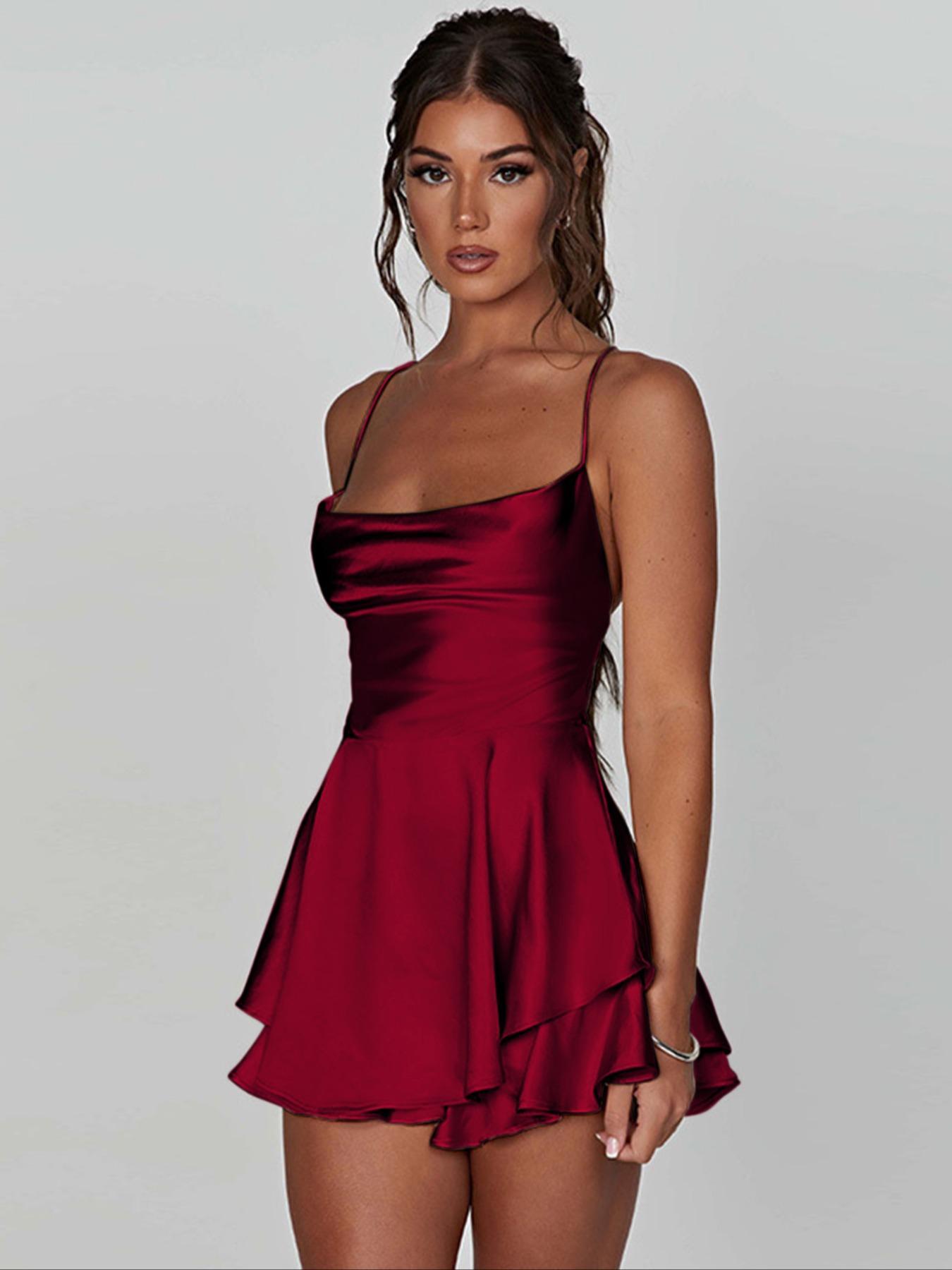 Women's Plain Lace Up Backless Tiered Layer Stretchy Satin Cami Dress, Summer Clothes Women, Elegant Cowl Neck Sleeveless A Line Short Dress for Party Holiday Wedding Guest, Dresses for Women, Bridesmaid Dresses