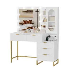 Lighted Makeup Vanity Desk with Mirror – 5 Drawers, Power Outlet, Large Storage, Modern Bedroom Dressing Table – White & Gold, Wooden Design