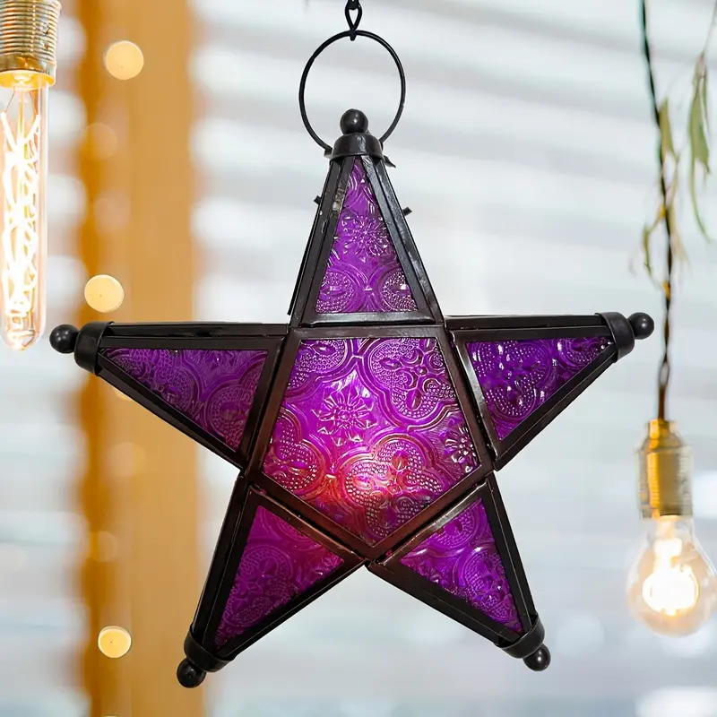 [Christmas, Halloween] 1pc European-Style Retro Colored Windproof Glass Candlestick, Five-Pointed Star Wrought Hanging Embossed Glass Candlestick (Excluding Candles), Festive Atmosphere Home Decoration Pendant, Christmas, Halloween, Candle Holder