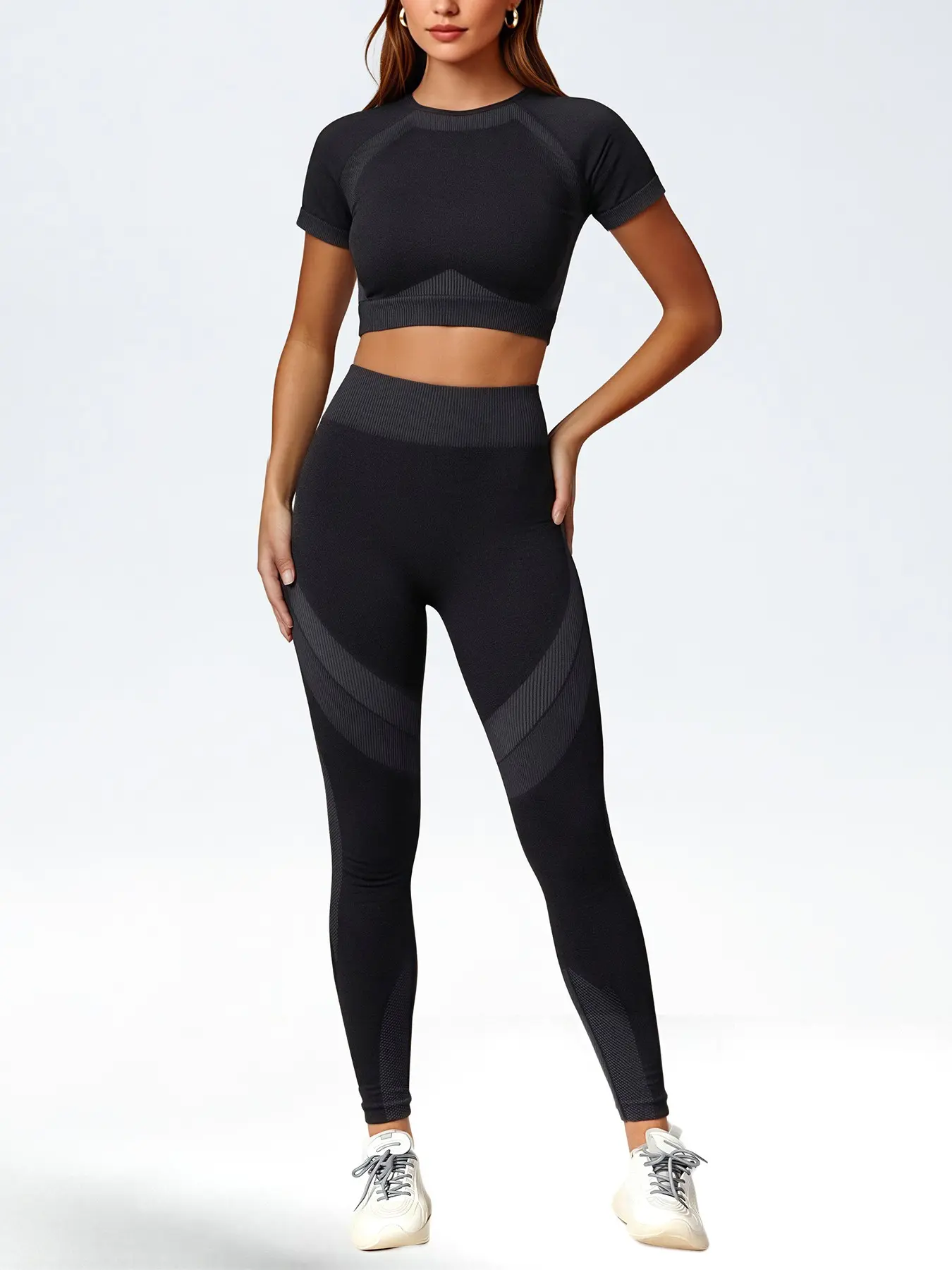Seamless Ribbed Tummy Control 2 Piece Active Set for Women, Crop Short Sleeve Top & High Waist Compression Leggings, Slim Fit Stretchy Summer Workout Tracksuit for Gym Street Daily Athleisure Outfit, Full Sizes S-L, Yoga Sportswear Set