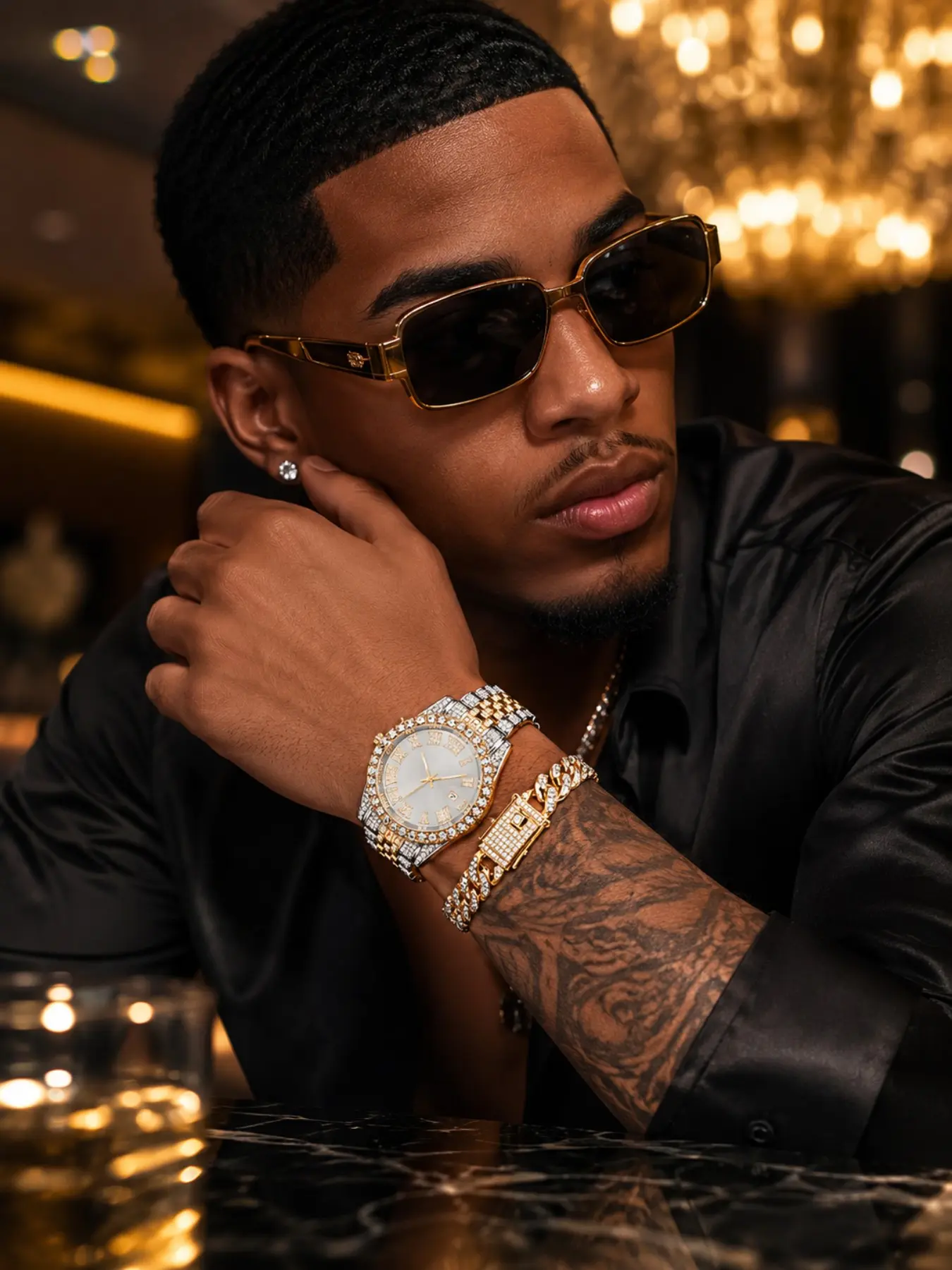 Men Women Jewelry Set, Luxury Streetwear Style, Rhinestone Quartz Watch, Cuban Link Bracelet, Roman Dial Design, Iced Out Bezel, Gift Box Included, Fashion Accessory for Rapper Look, Clubwear, Music Festival, Birthday, Holiday Gift, Prom