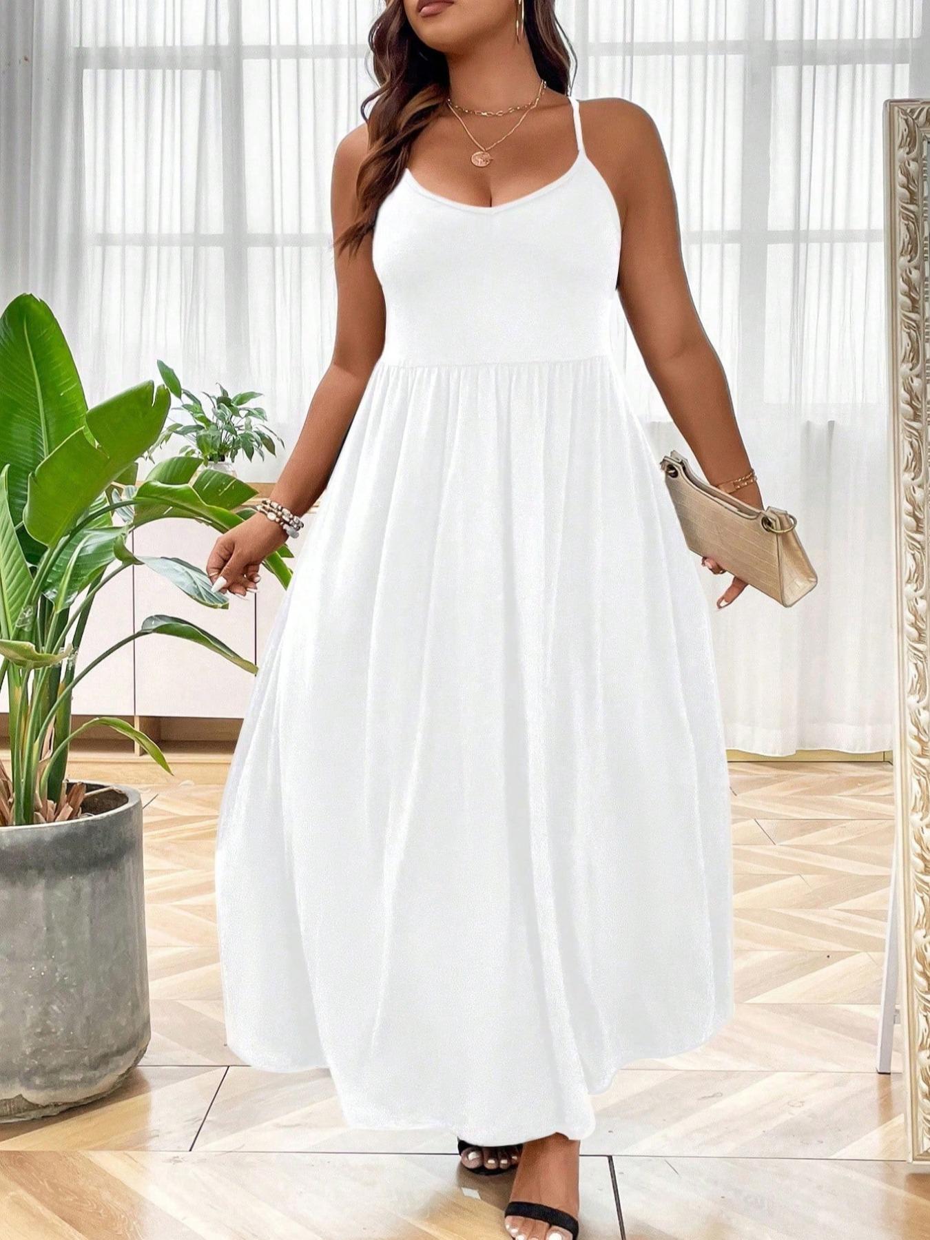 Plus Size Criss Cross Backless Cami Dress, Casual Solid Sleeveless Spaghetti Strap A-Line Dress for Summer, Women's Clothes for Party Holiday Womenswear Plus Size Criss Cross Backless Cami Dress, Casual Solid Sleeveless Spaghetti Strap A-Line Dress for Summer, Women's Clothes for Party Holiday Womenswear