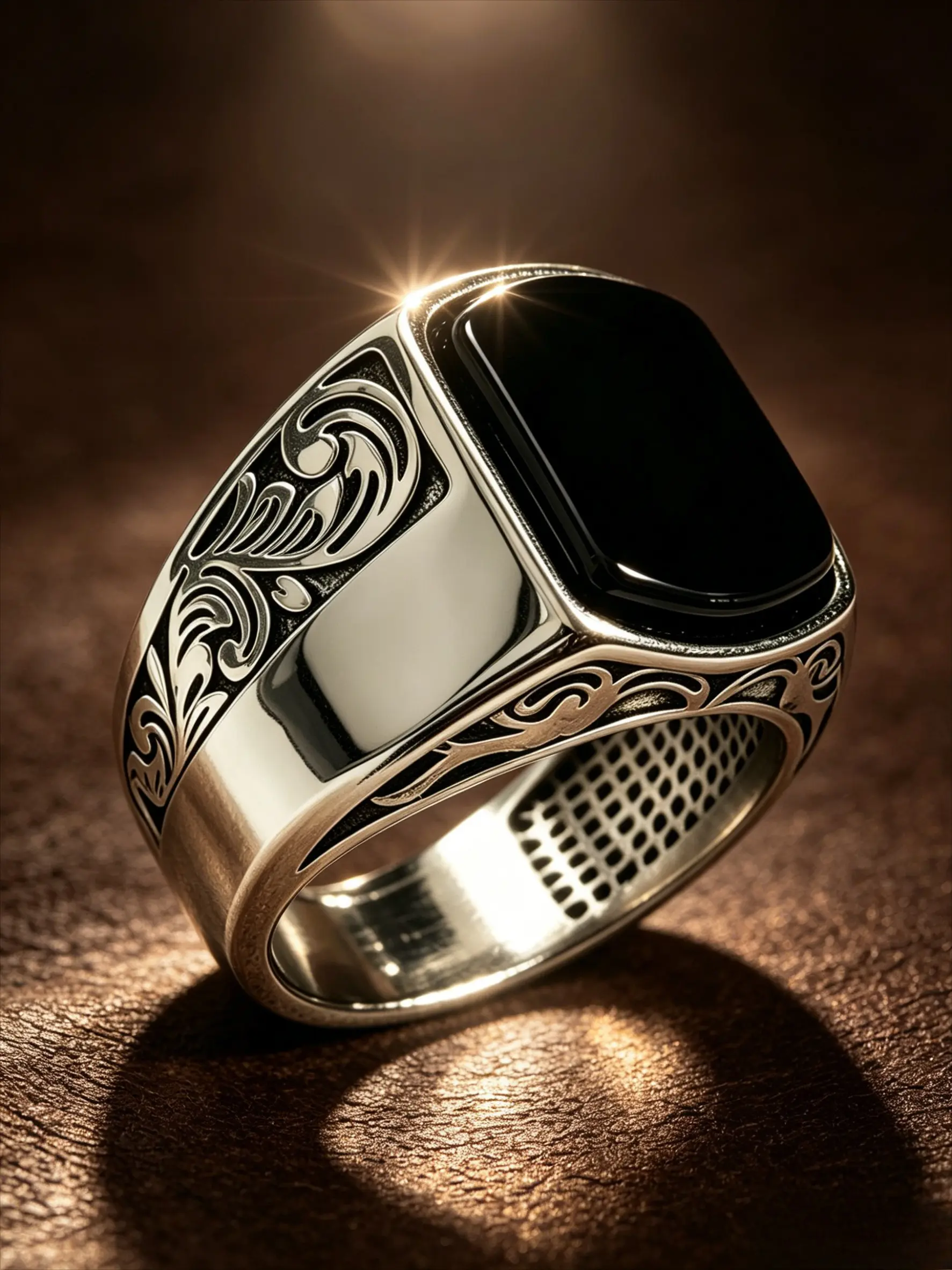Oxidized Silver Tone Stainless Steel Men Square Signet Ring, Smooth Black Onyx Inlay, Engraved Wide Band, Honeycomb Inner Lining, Chunky Statement Rings, Beautiful Rings, Hypoallergenic Tarnish Resistant Retro Gothic Statement Jewelry Gift For Guys