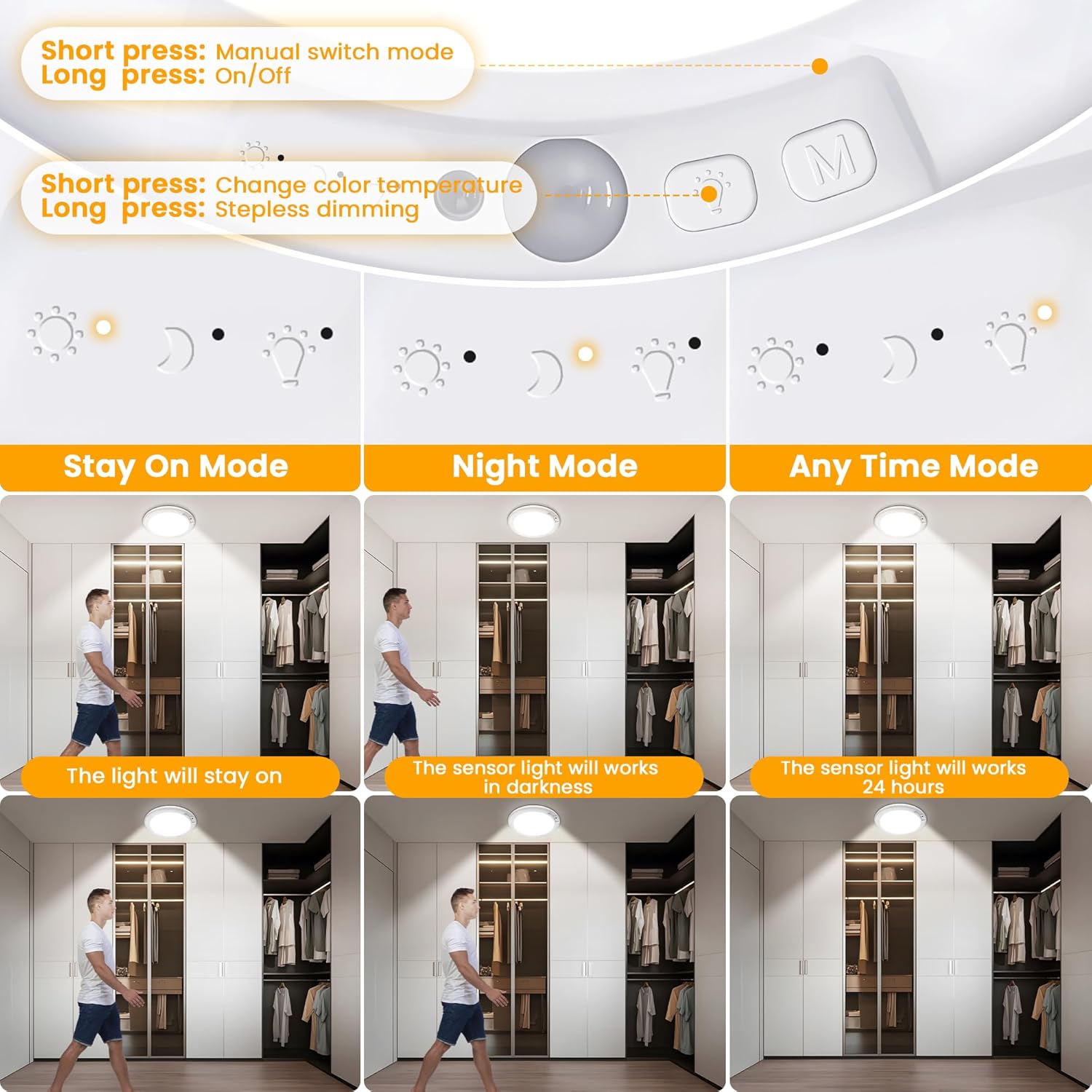 2Pack Rechargeable Motion Sensor LED Ceiling Light with Remote, 3CCT Cordless Closet Lights  Operated for Shower Stair,  Mount