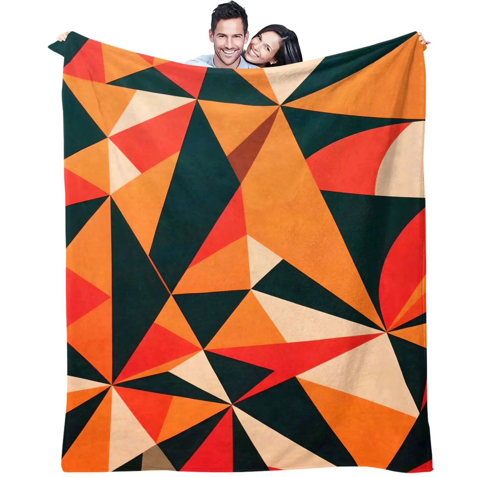 Retro Geometric Triangle Print Flannel Blanket, Throw Blanket, Warm Blanket, Gift Blanket, Ultra Soft Microfiber, HD Mid-Century Modern Colorful Digital Print, Fade Resistant & Lightweight, Ideal for Sofa, Bed, Camping & Retro Lover Presents