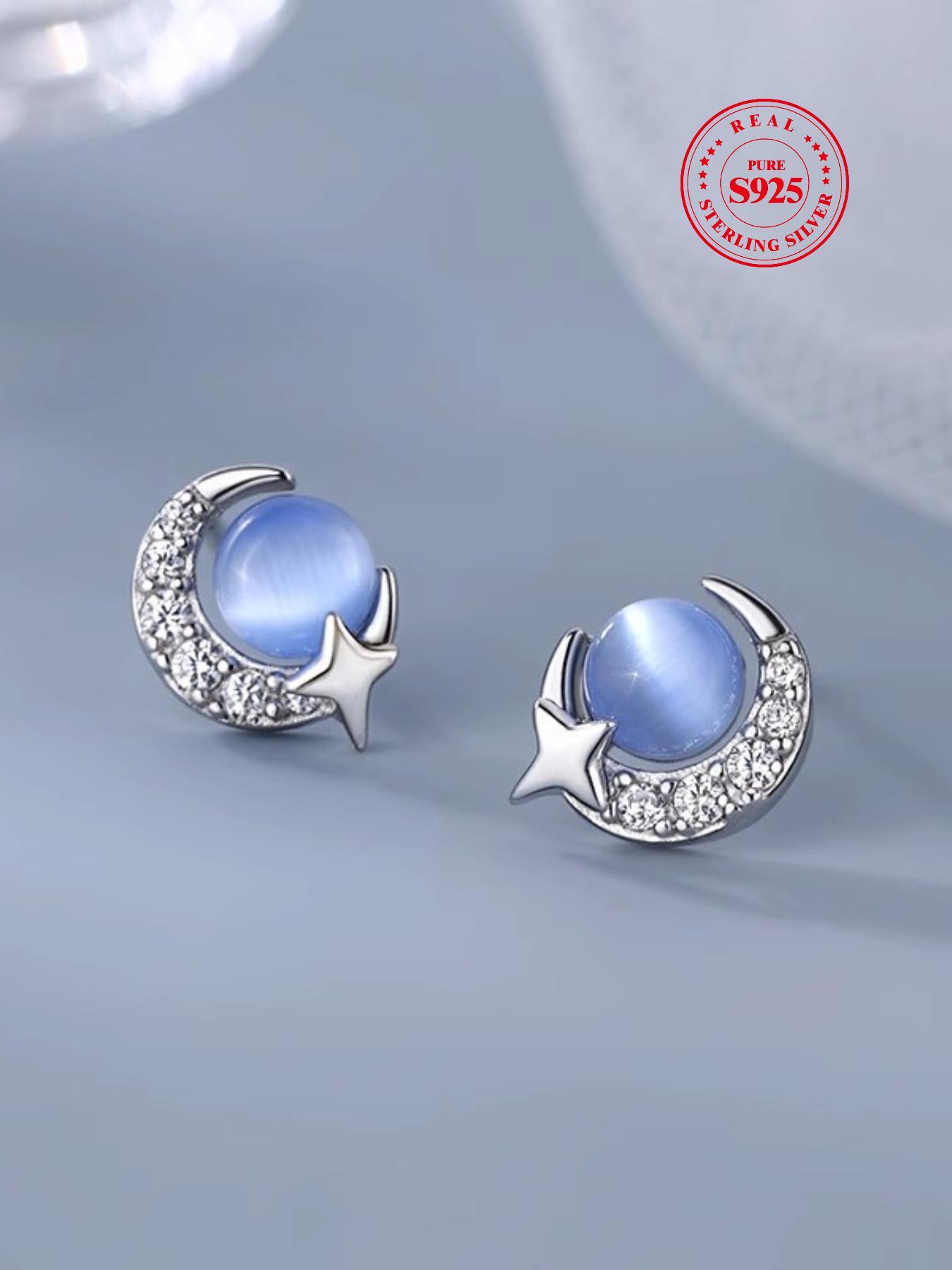 925 Sterling Silver Moon & Star Design, Artificial Gemstone Decorated, Fashion Jewelry Accessories for Women & Girls, Artificial Zircon Earrings