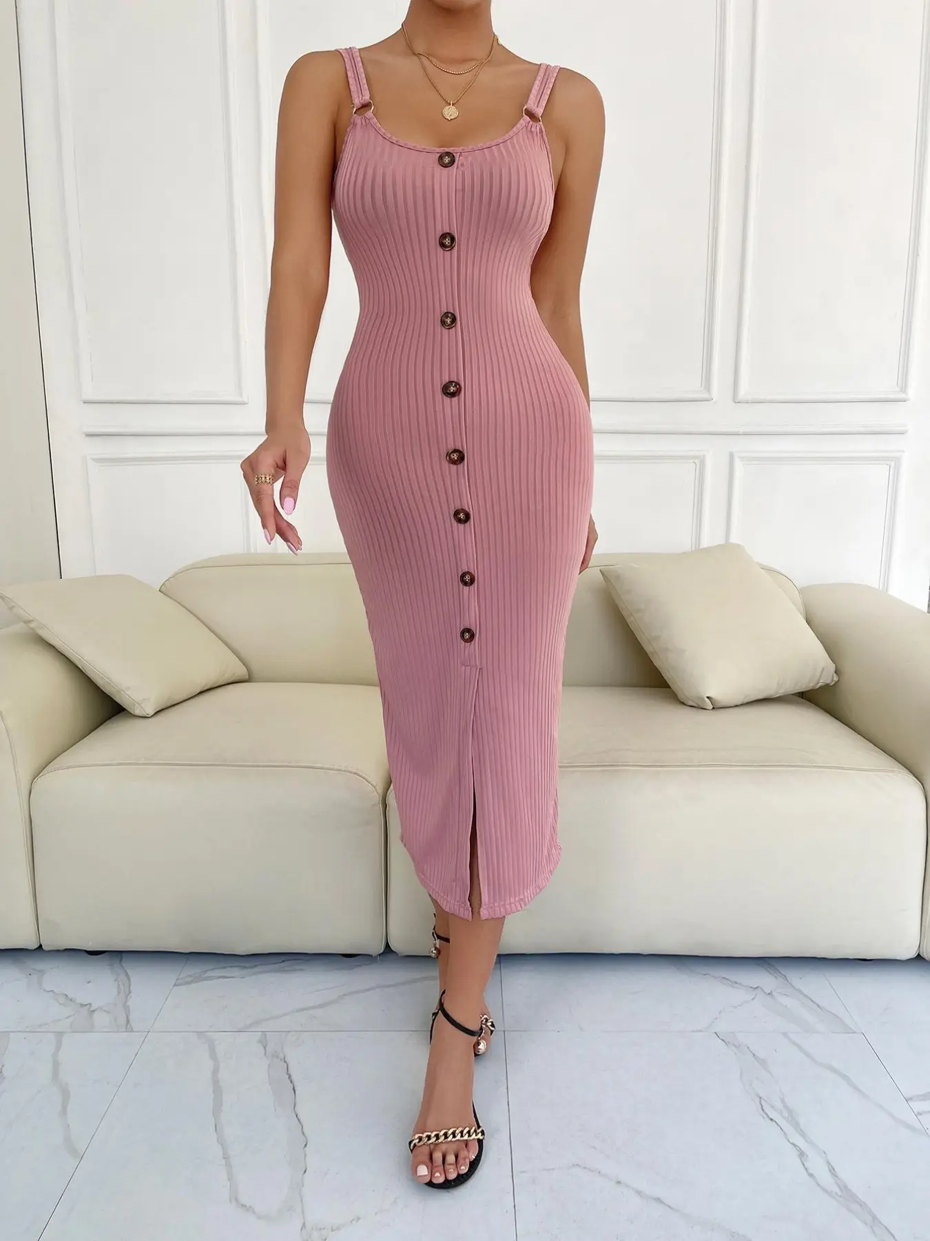 Women's Striped Knit Midi Dress, Thin Strap, Front Button Design, High Split, Slim Fit, Sleeveless, All Seasons, Plain Surface